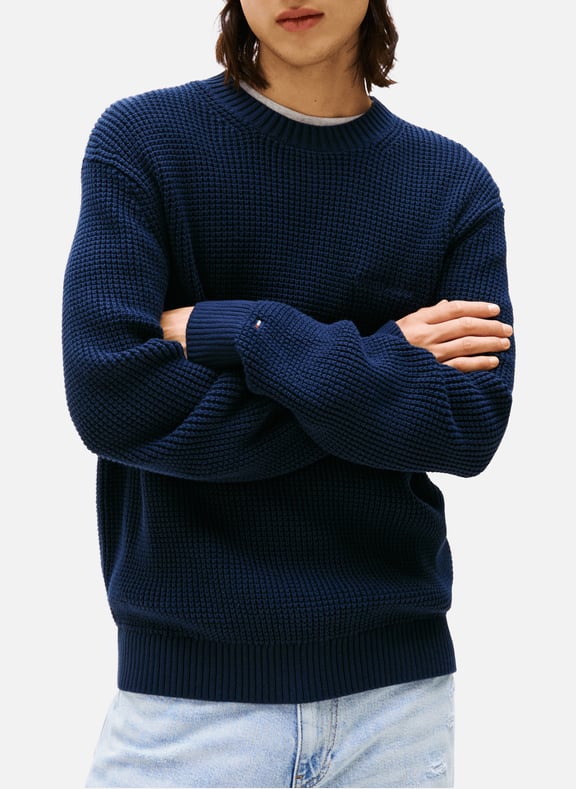 Thick knit sweater with embroidered logo Blue by TOMMY HILFIGER TOMMY HILFIGER Thick knit sweater with embroidered logo Blue