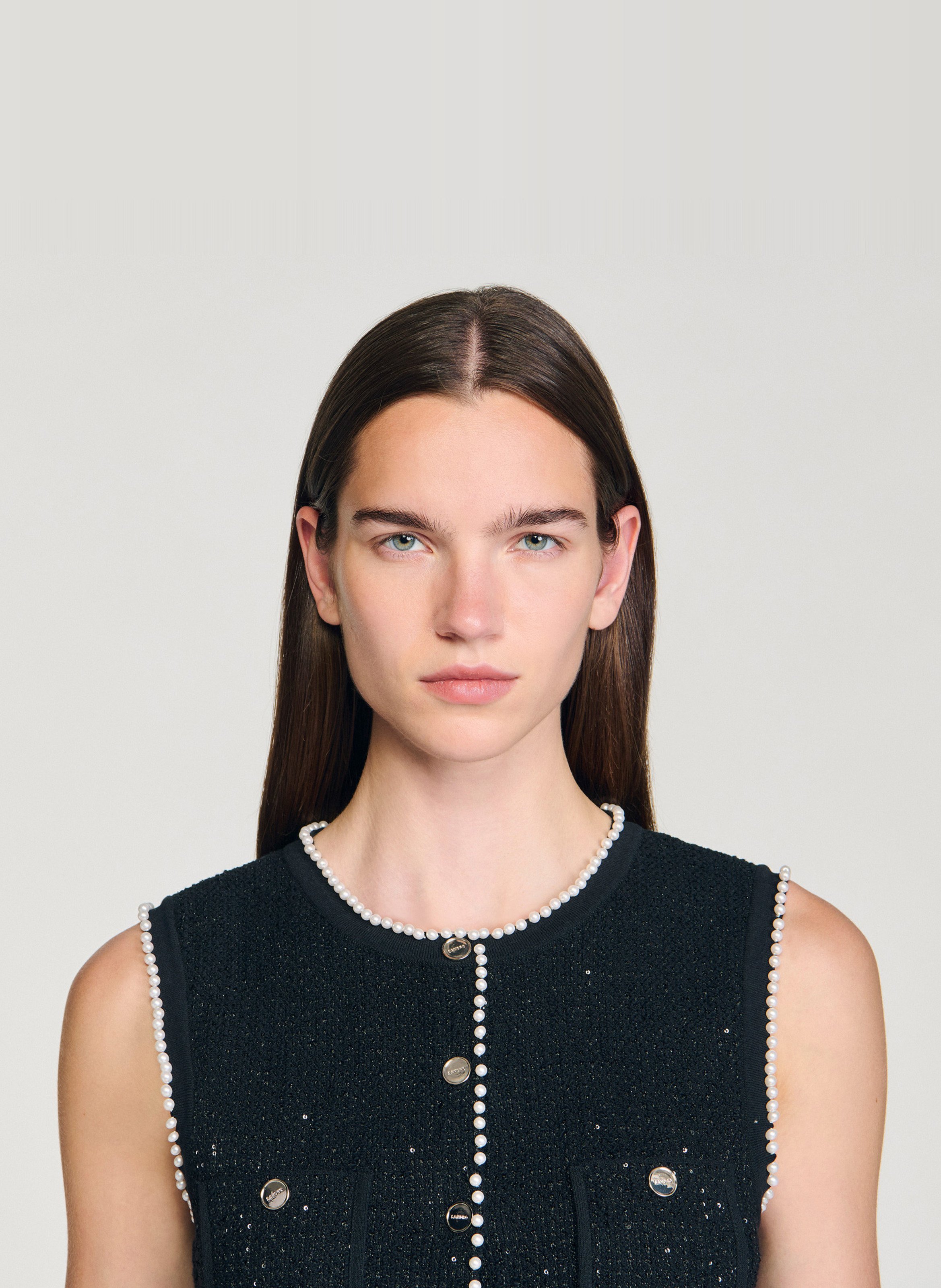 Cardigan boutonné en tweed fantaisie Noir