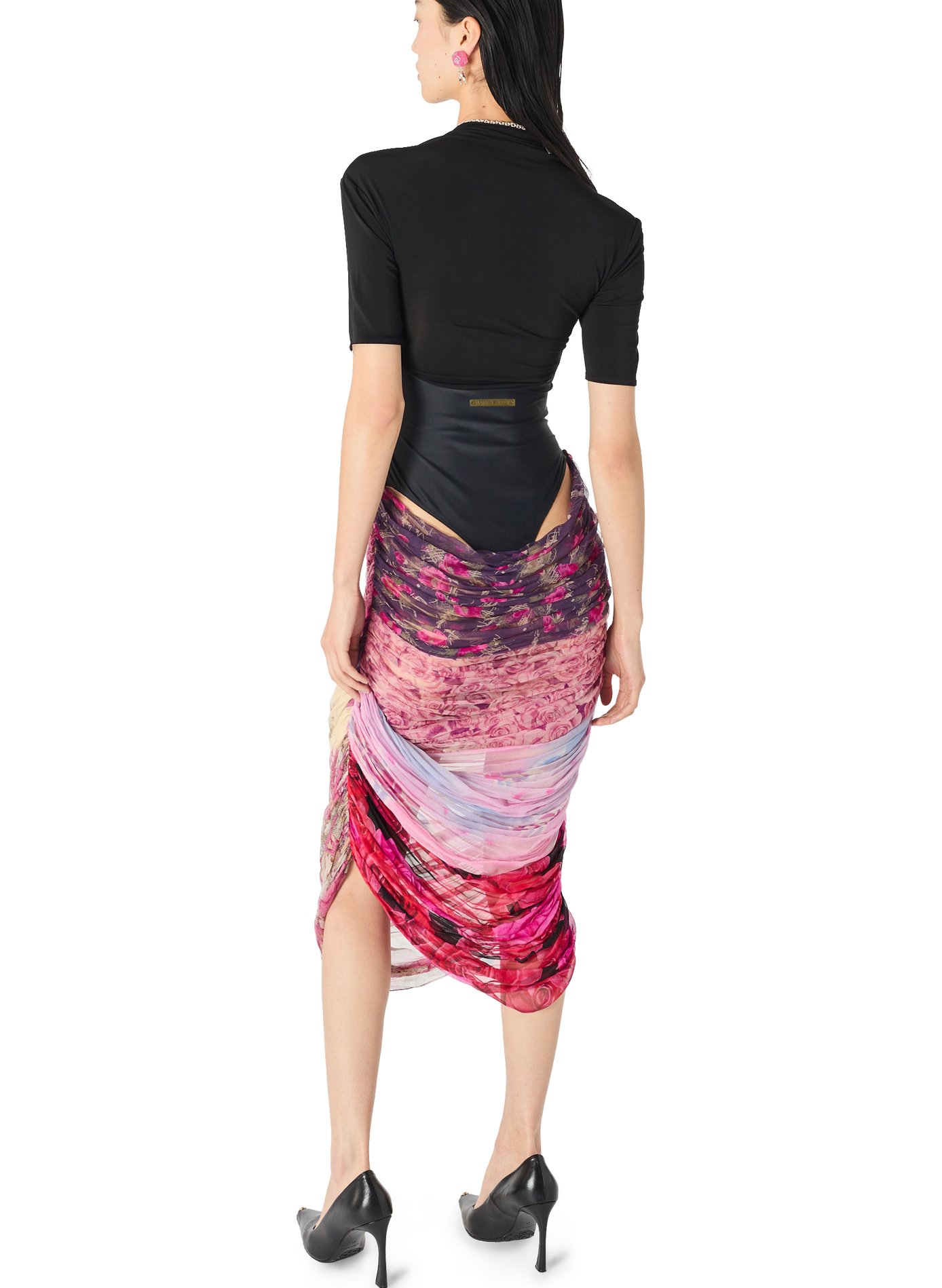 Robe mi-longue en mesh et soie avec drapé MARINE SERRE Zwart
