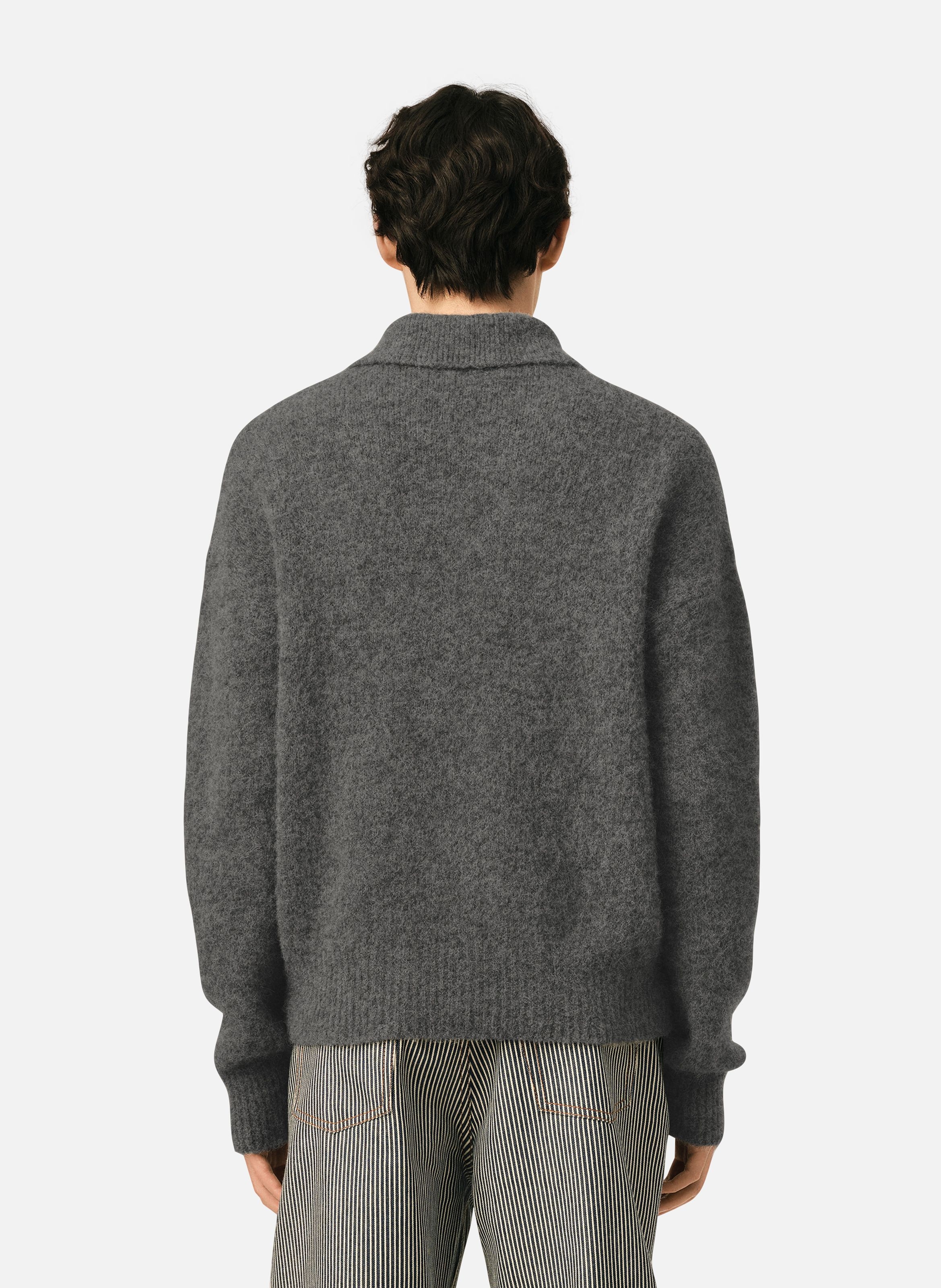 Polo en laine et alpaga broderie ami AMI PARIS Gris