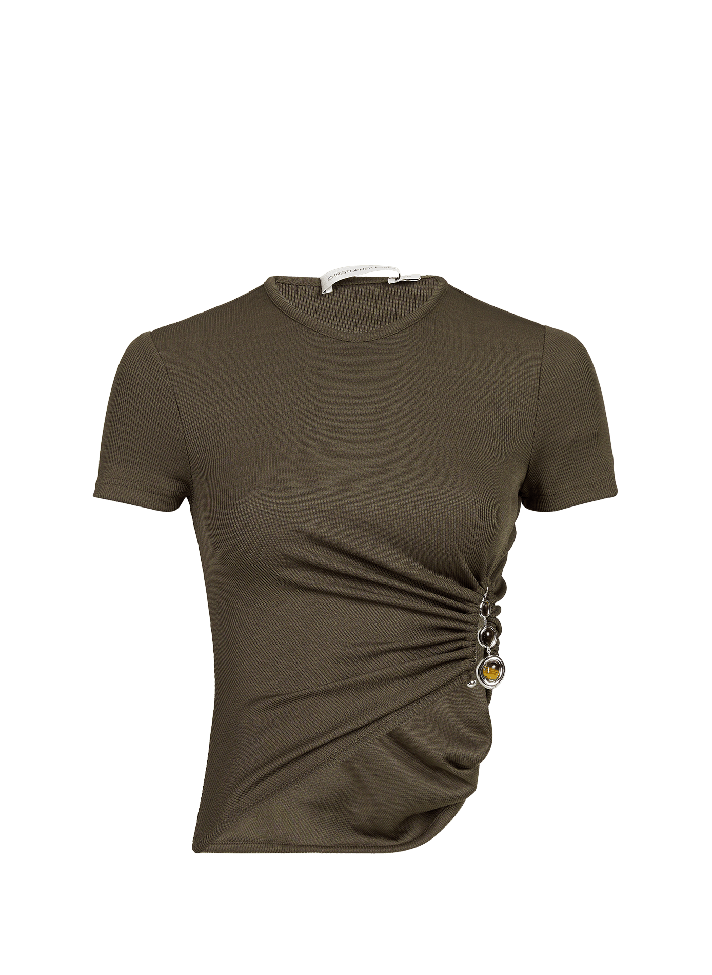 Geripptes T-Shirt mit gerafftem Saum und Metallschmuck CHRISTOPHER ESBER Braun