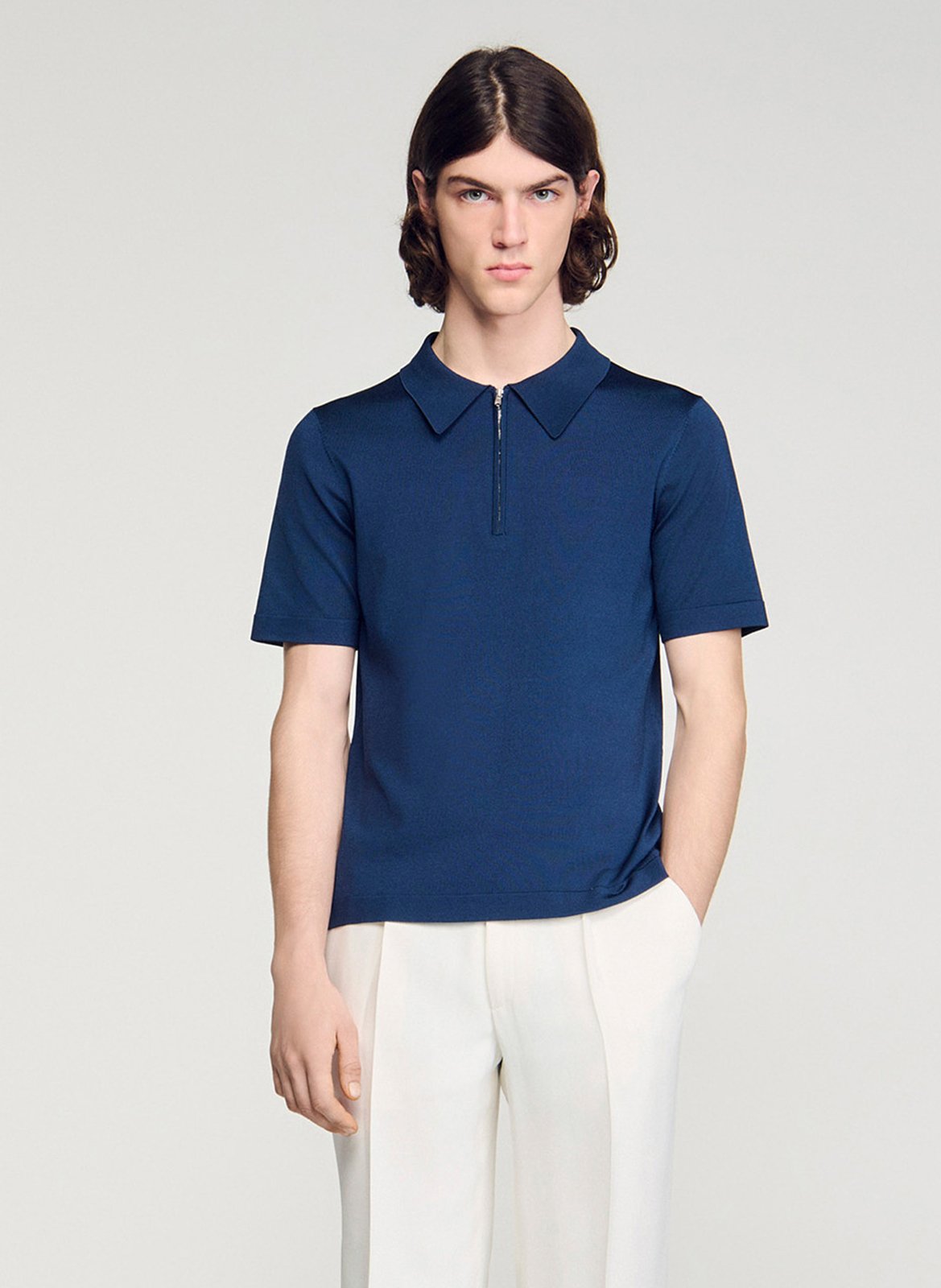 T-shirt manches courtes à col polo zippé SANDRO Bleu