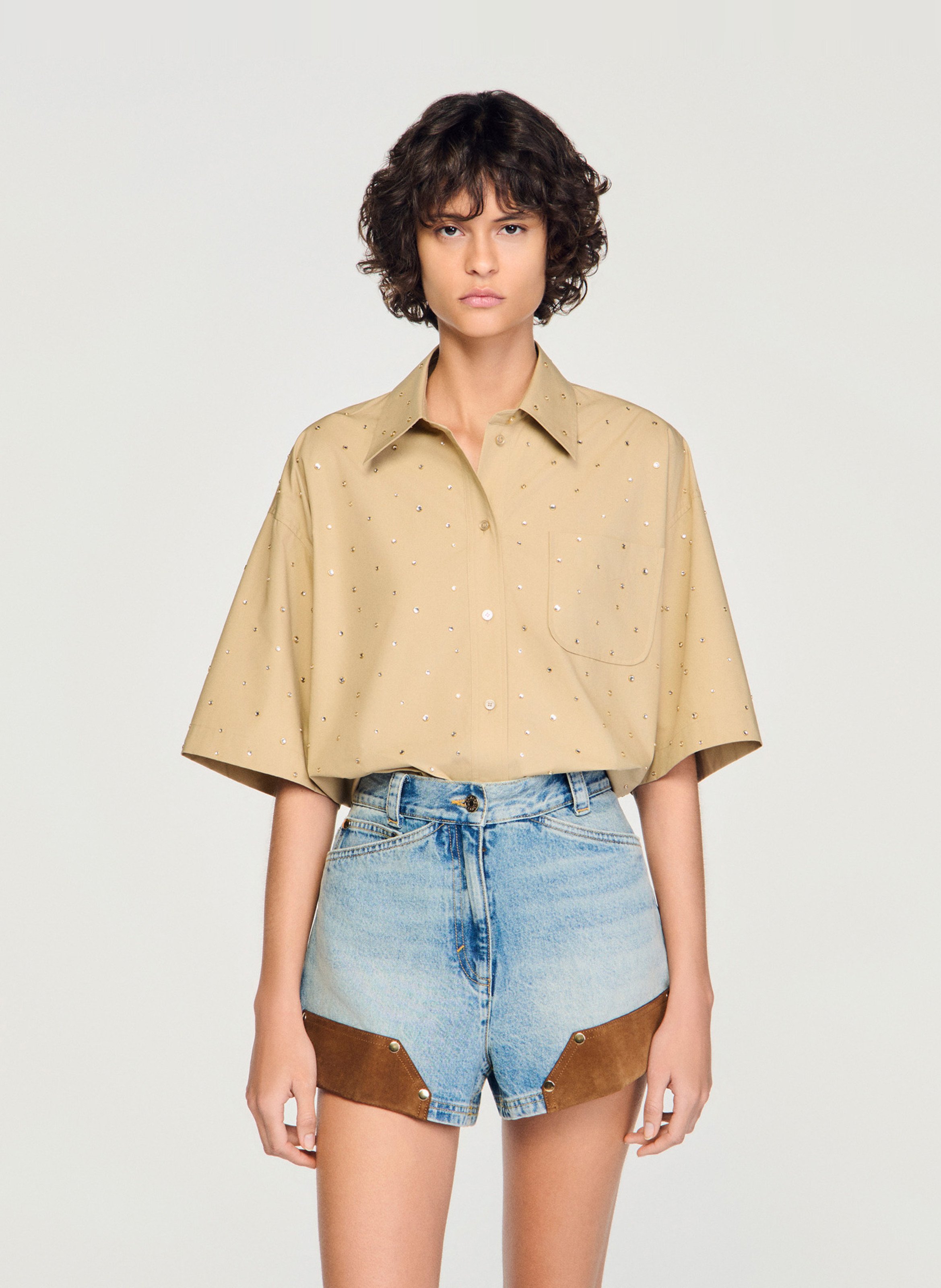 Chemise ample courte à strass SANDRO Beige