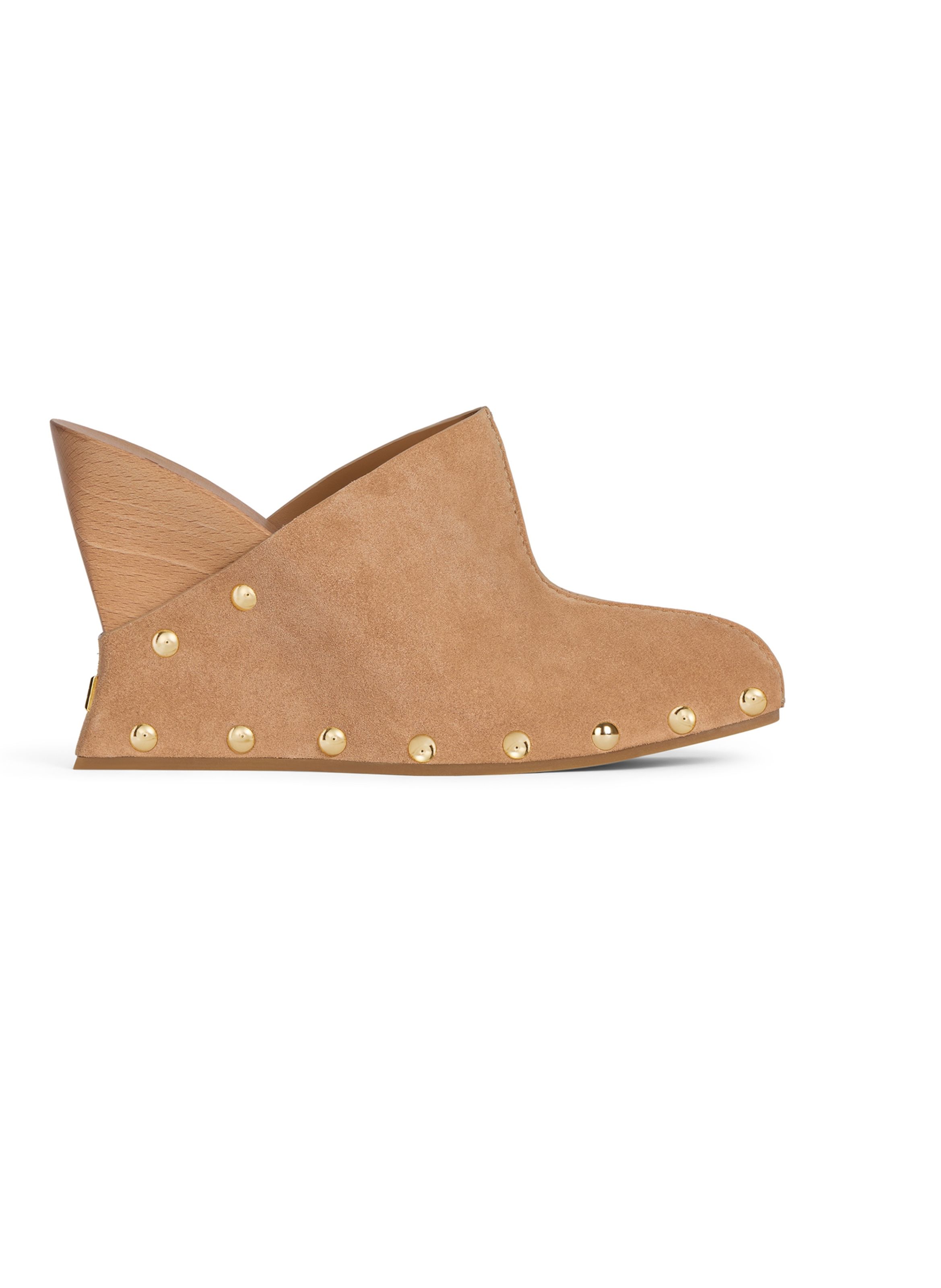 Sabots wedge en bois et cuir suédé BALMAIN Beige