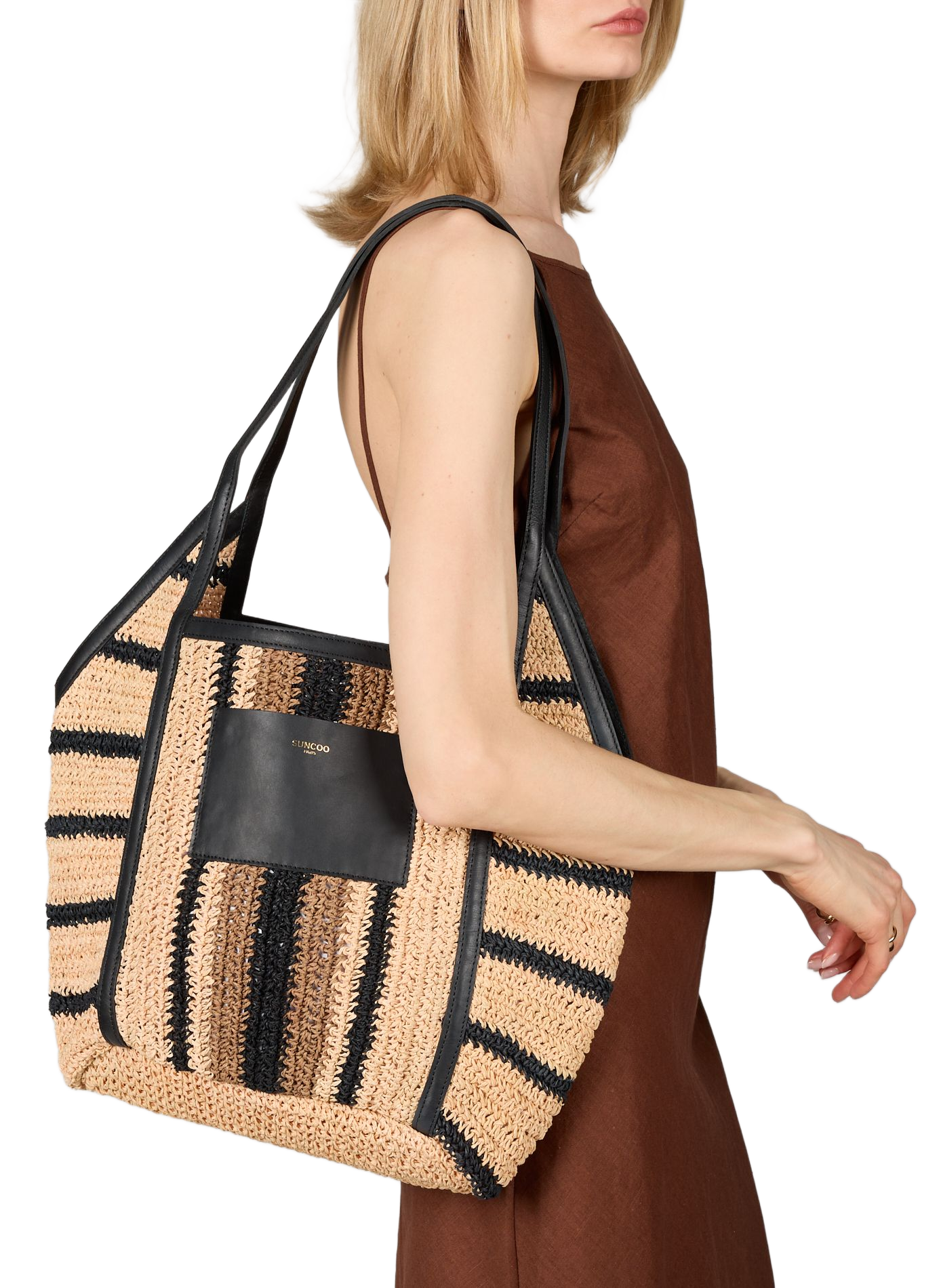 Sac épaule Akael en raphia et cuir SUNCOO Beige