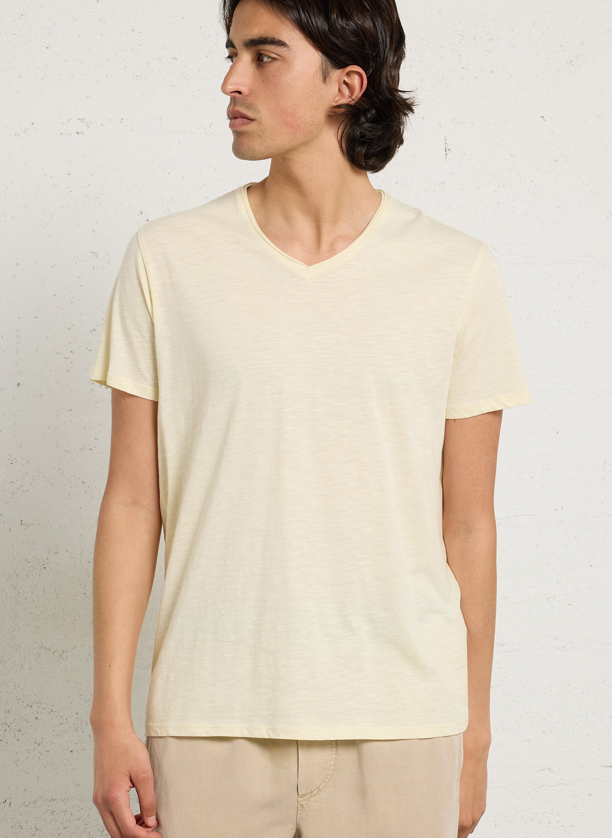 Tee-shirt droit col v en coton IKKS Jaune
