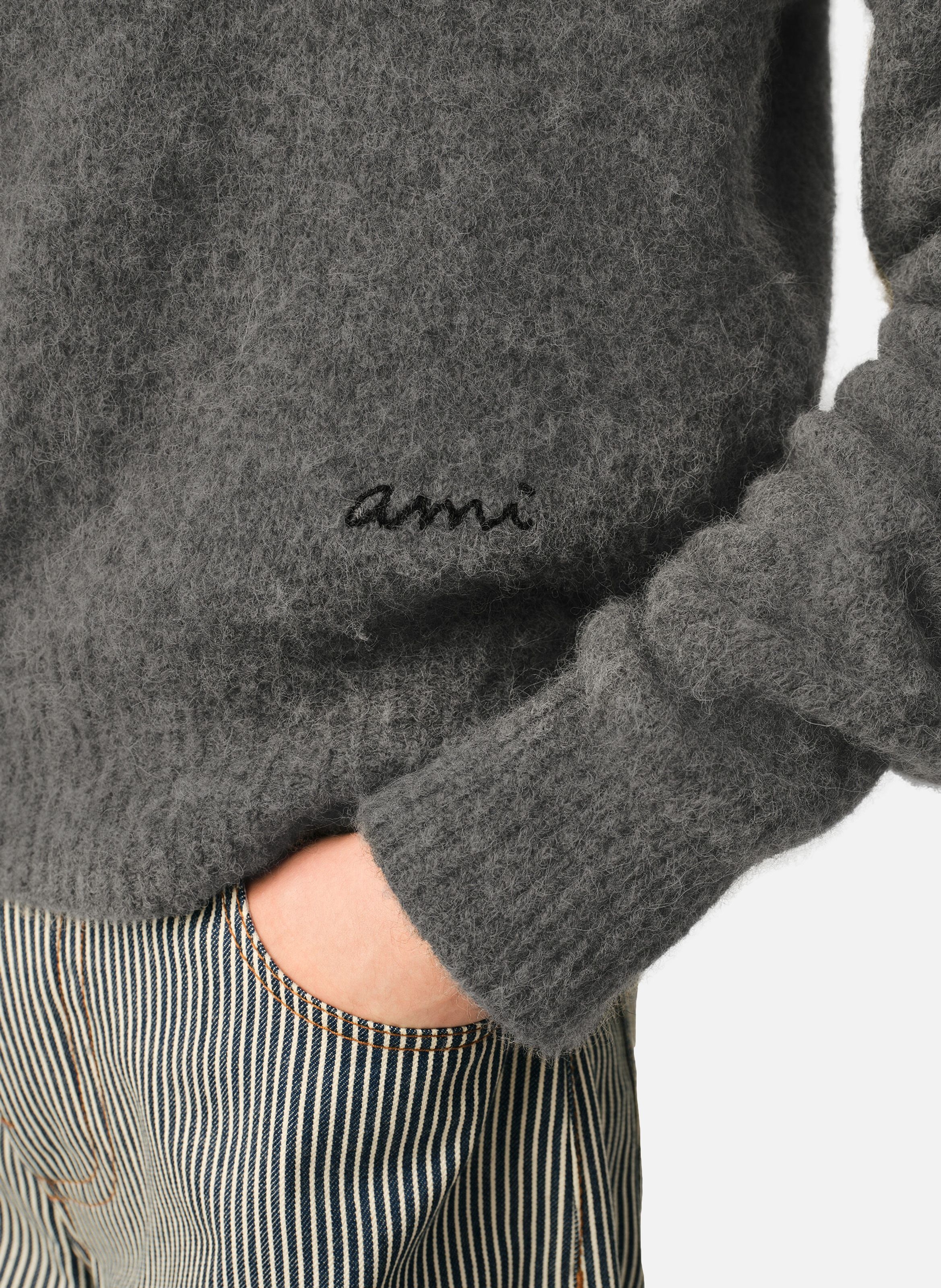 Polo en laine et alpaga broderie ami AMI PARIS Gris