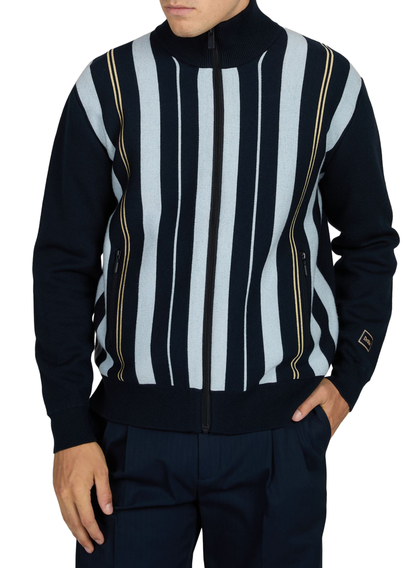 Striped wool and cotton zip-up cardigan | Blue DROLE DE MONSIEUR Men