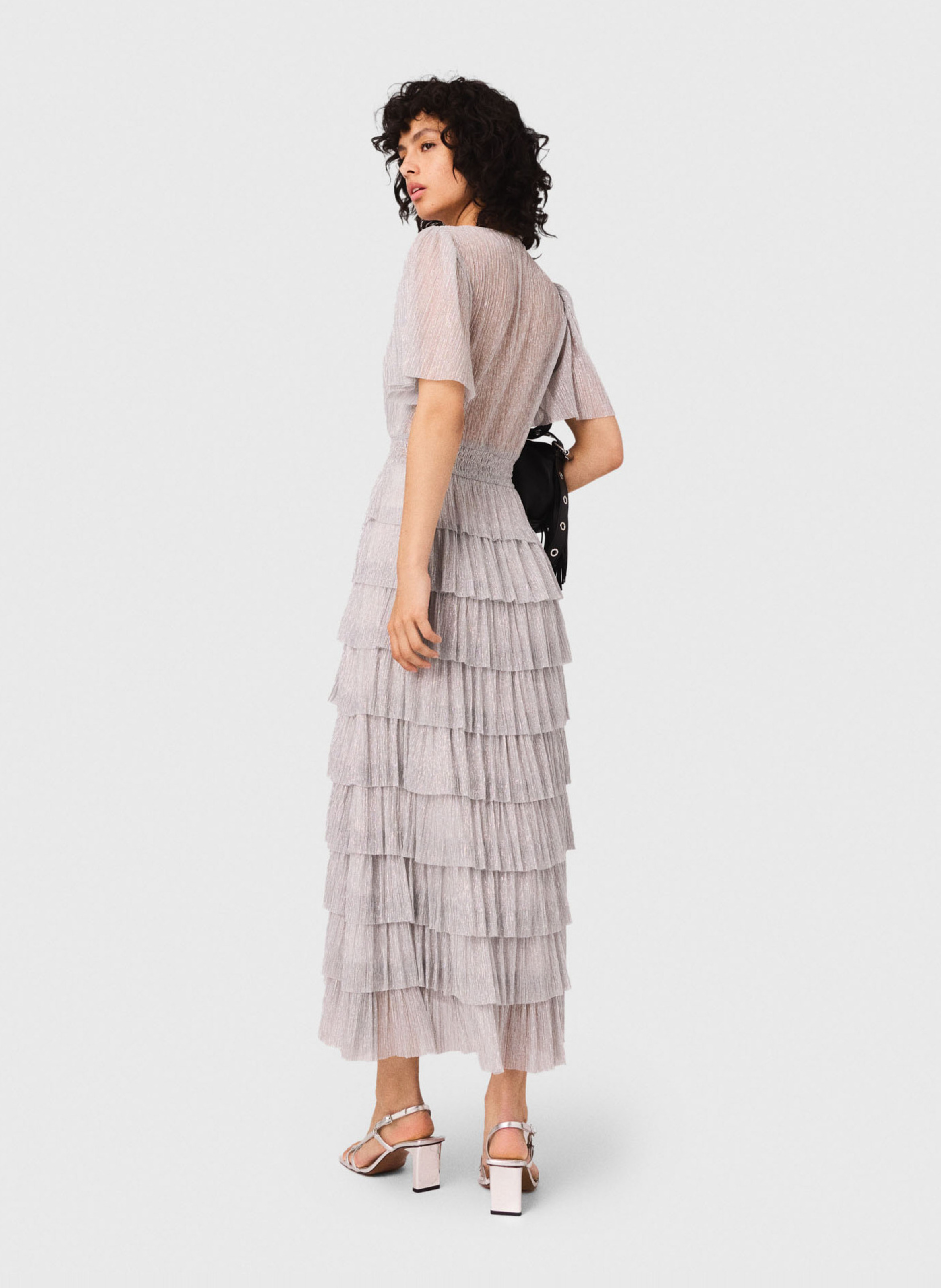 Robe midi à volants métallisée MAJE Argent