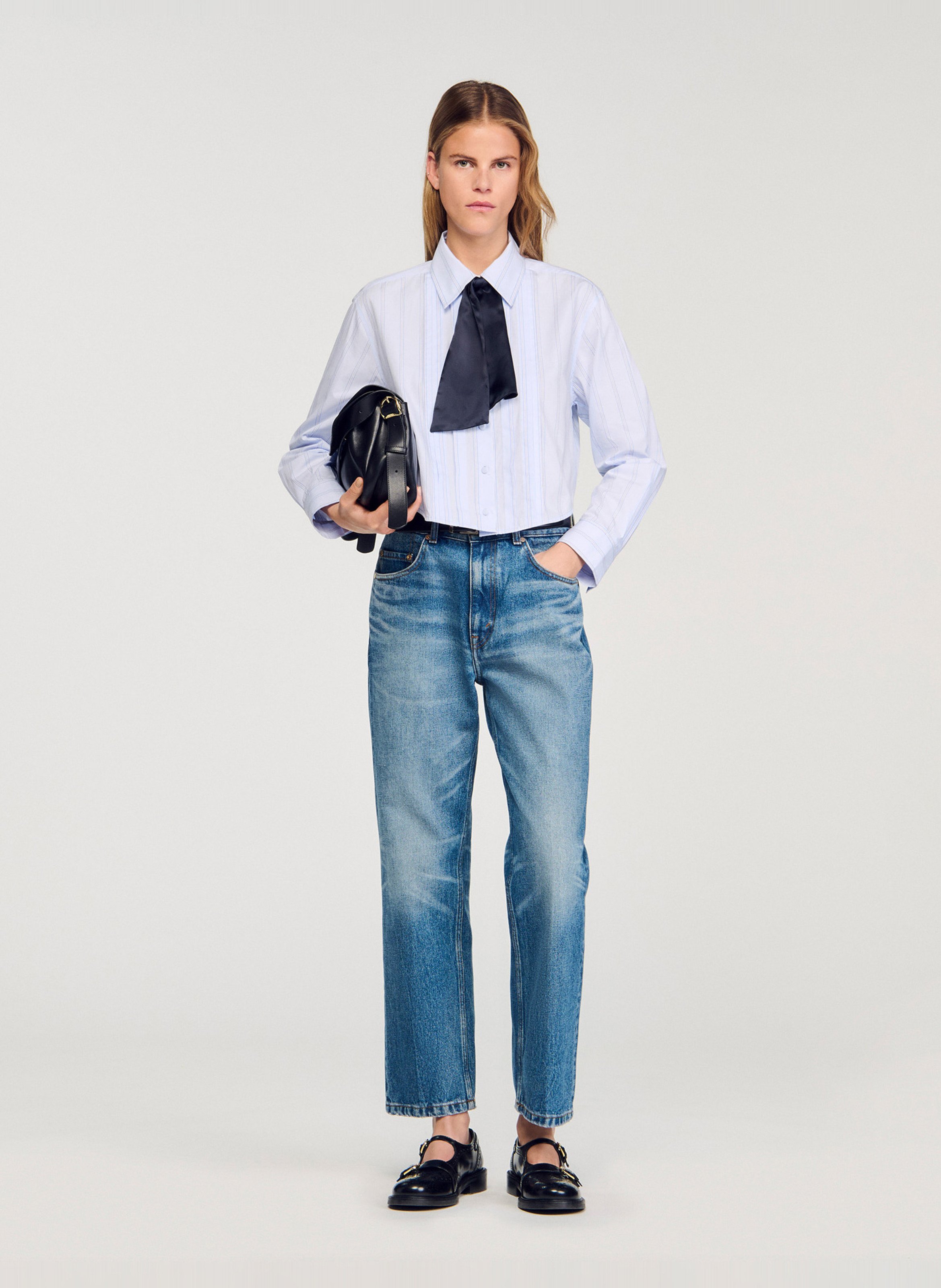 Chemise courte rayée à col cravate SANDRO Bleu