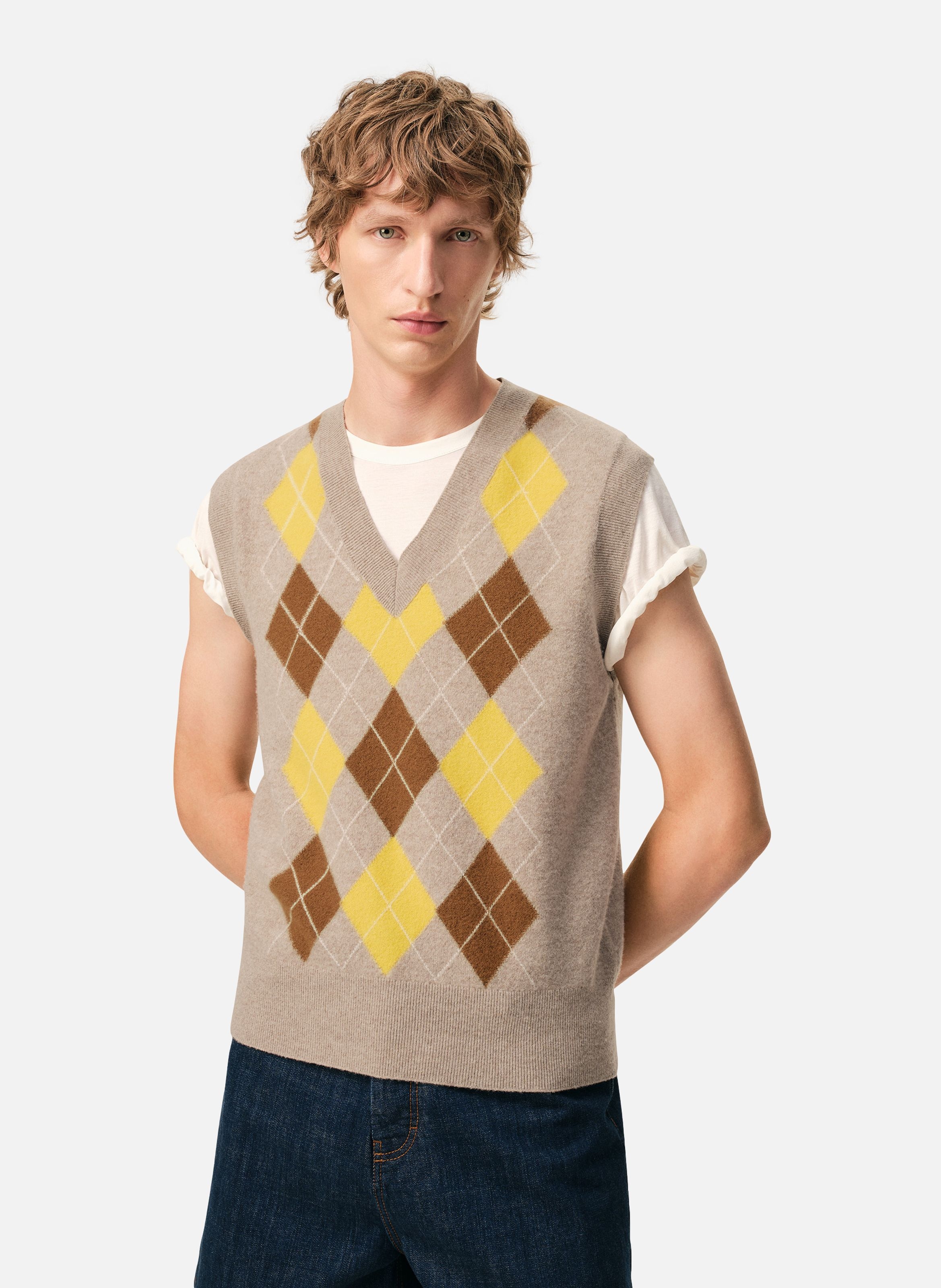 Pull col v sans manches avec intarsia argyle en laine unisexe AMI PARIS Multicolore