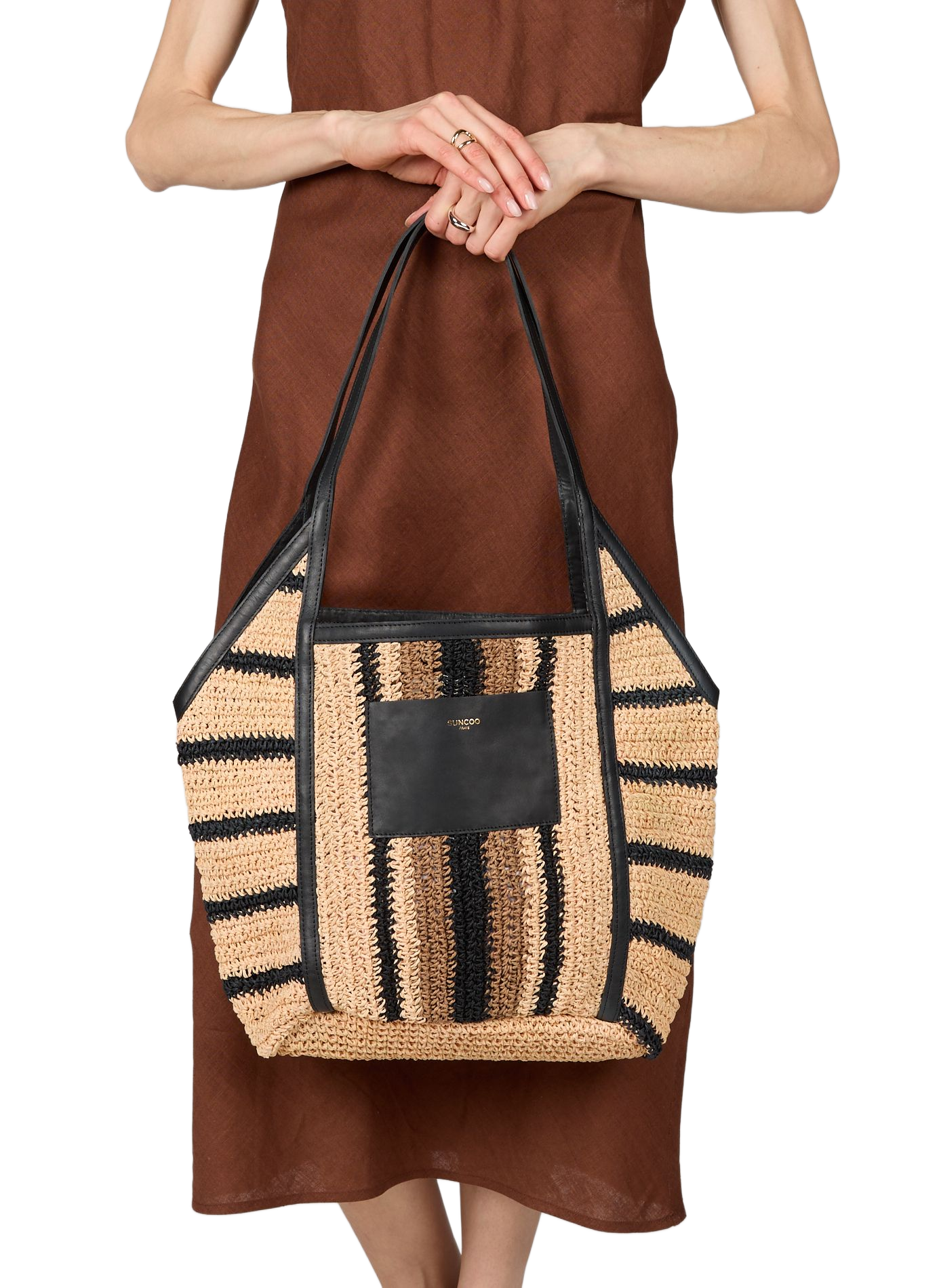 Sac épaule Akael en raphia et cuir SUNCOO Beige