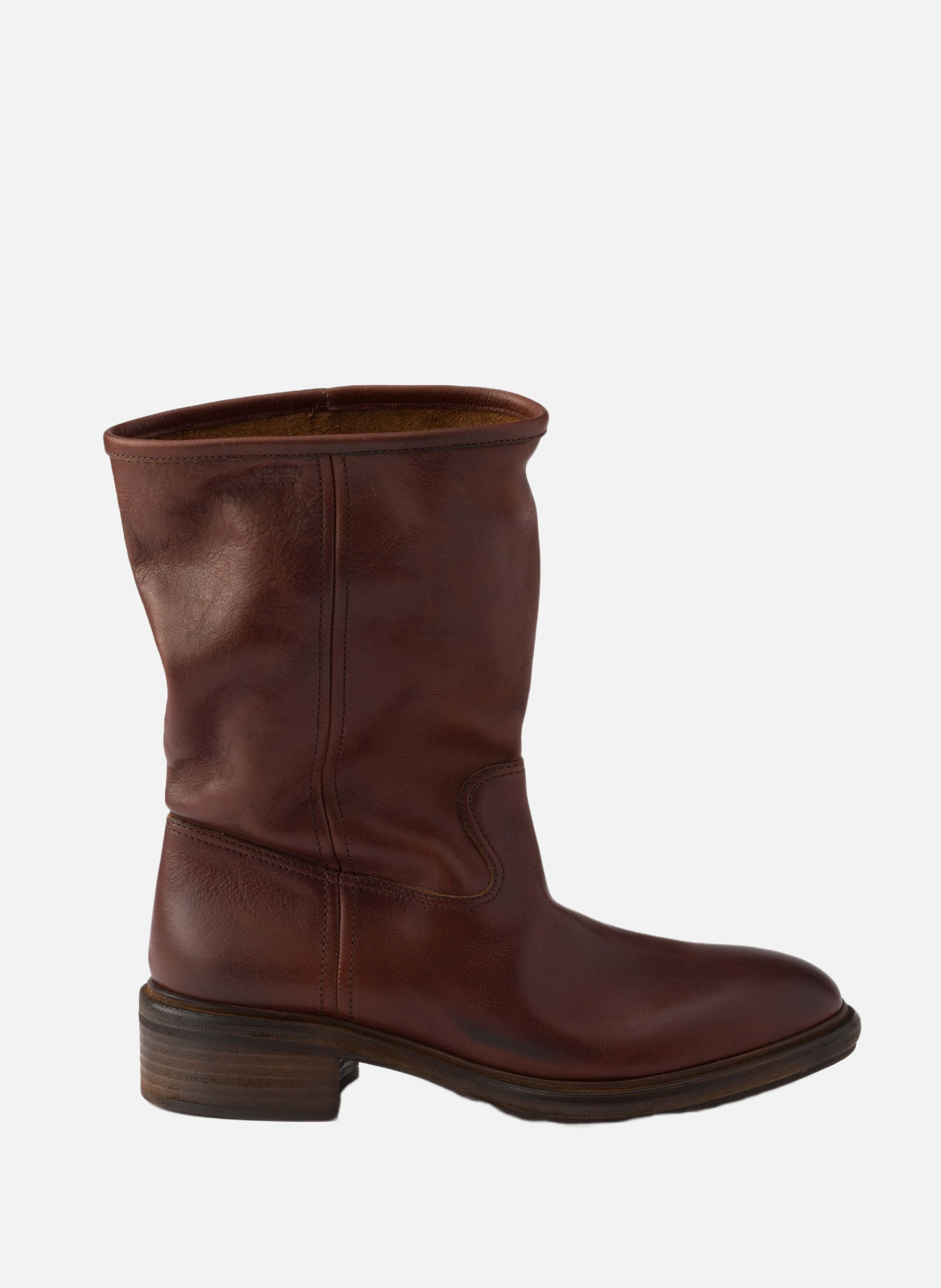 Bottes en cuir à effet vintage PRADA Marron