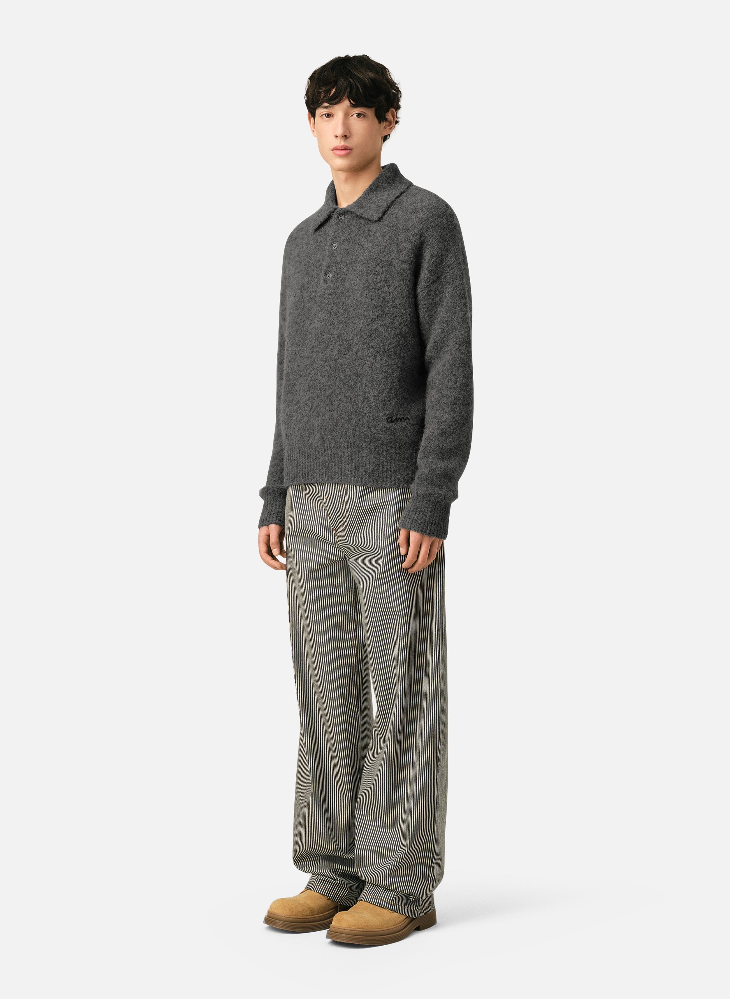 Polo en laine et alpaga broderie ami AMI PARIS Gris