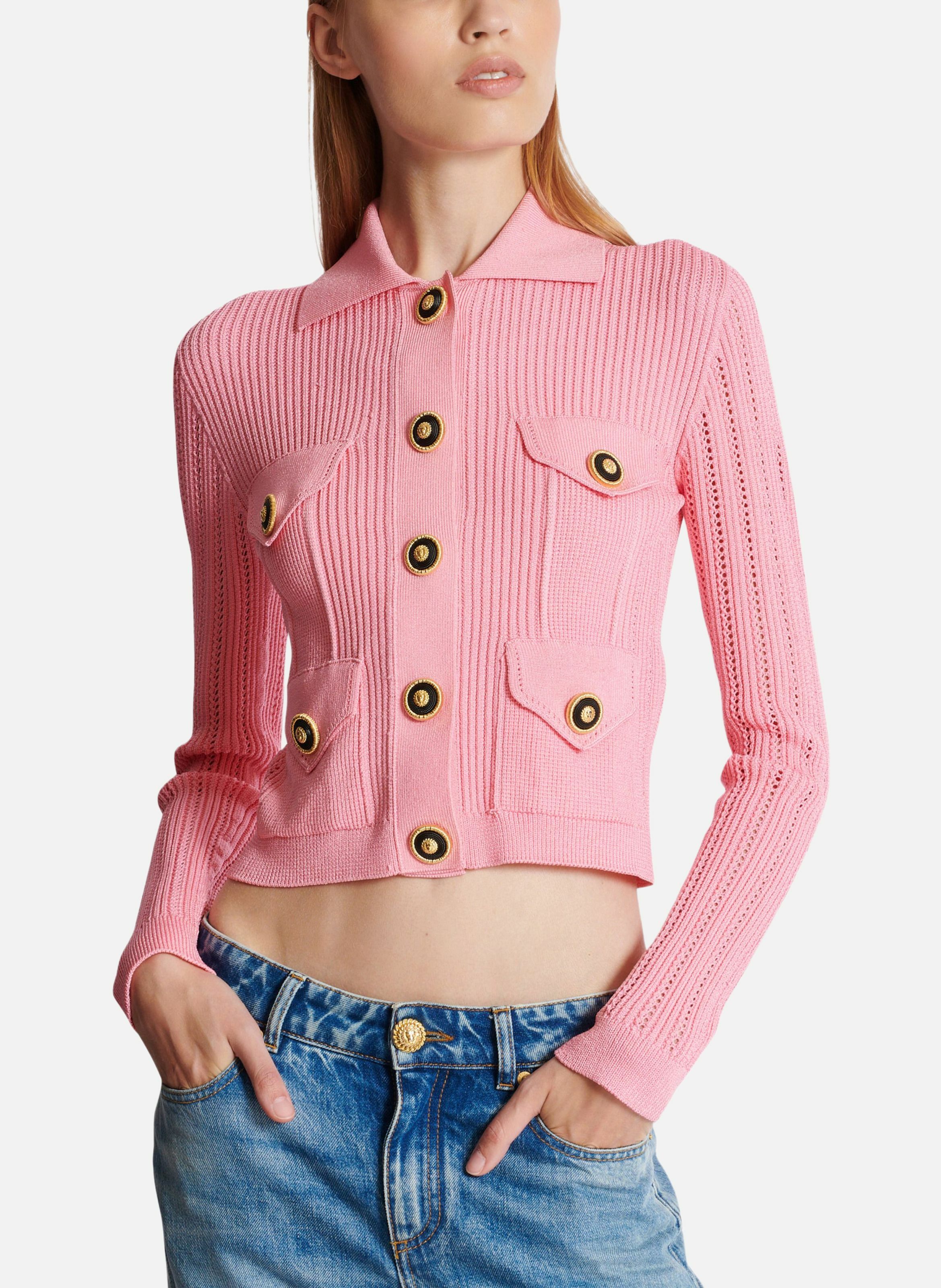 Cardigan court en maille côtelée et ajourée BALMAIN Rose