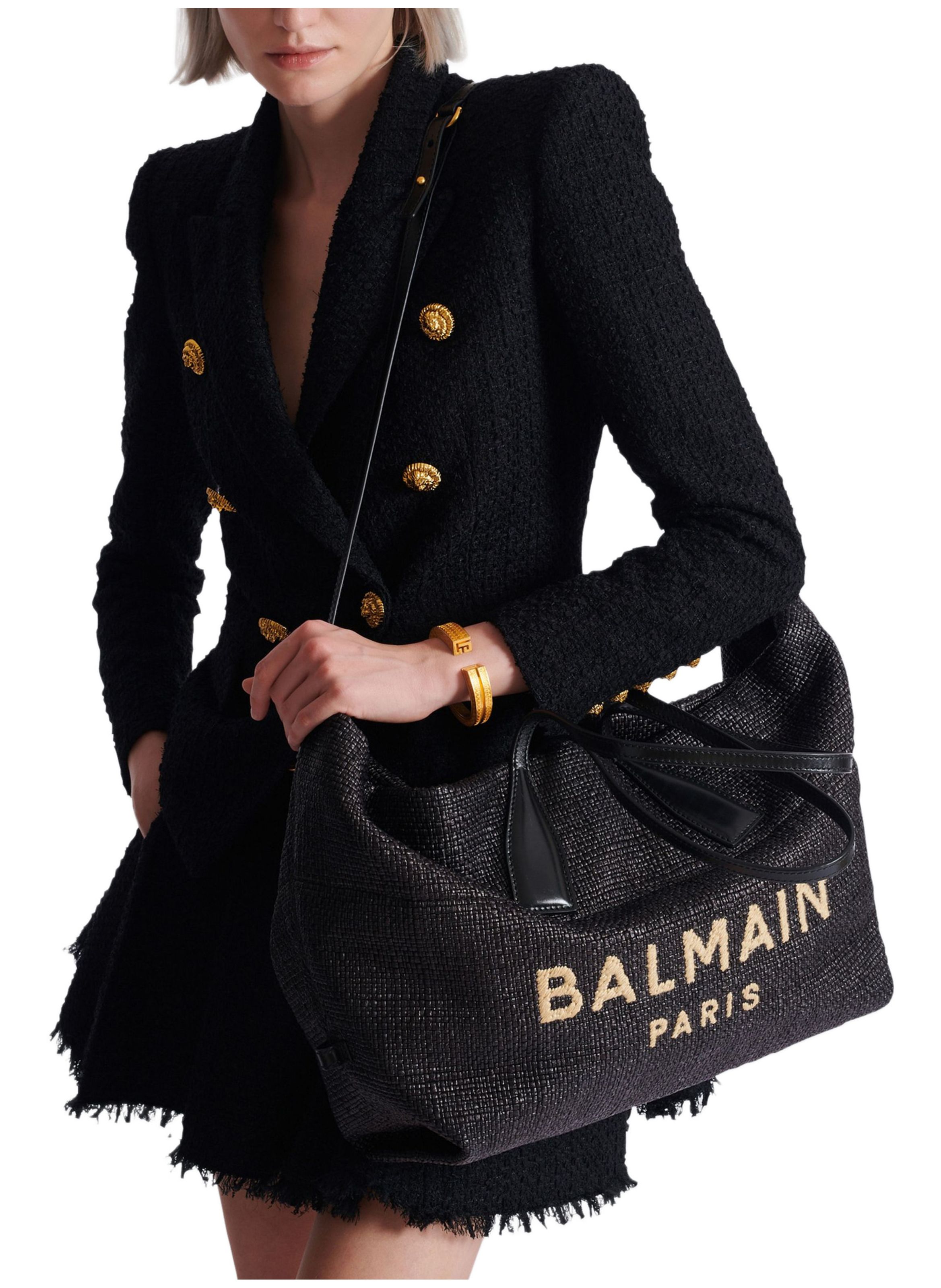 Sac cabas track en cuir de veau et raphia BALMAIN Noir