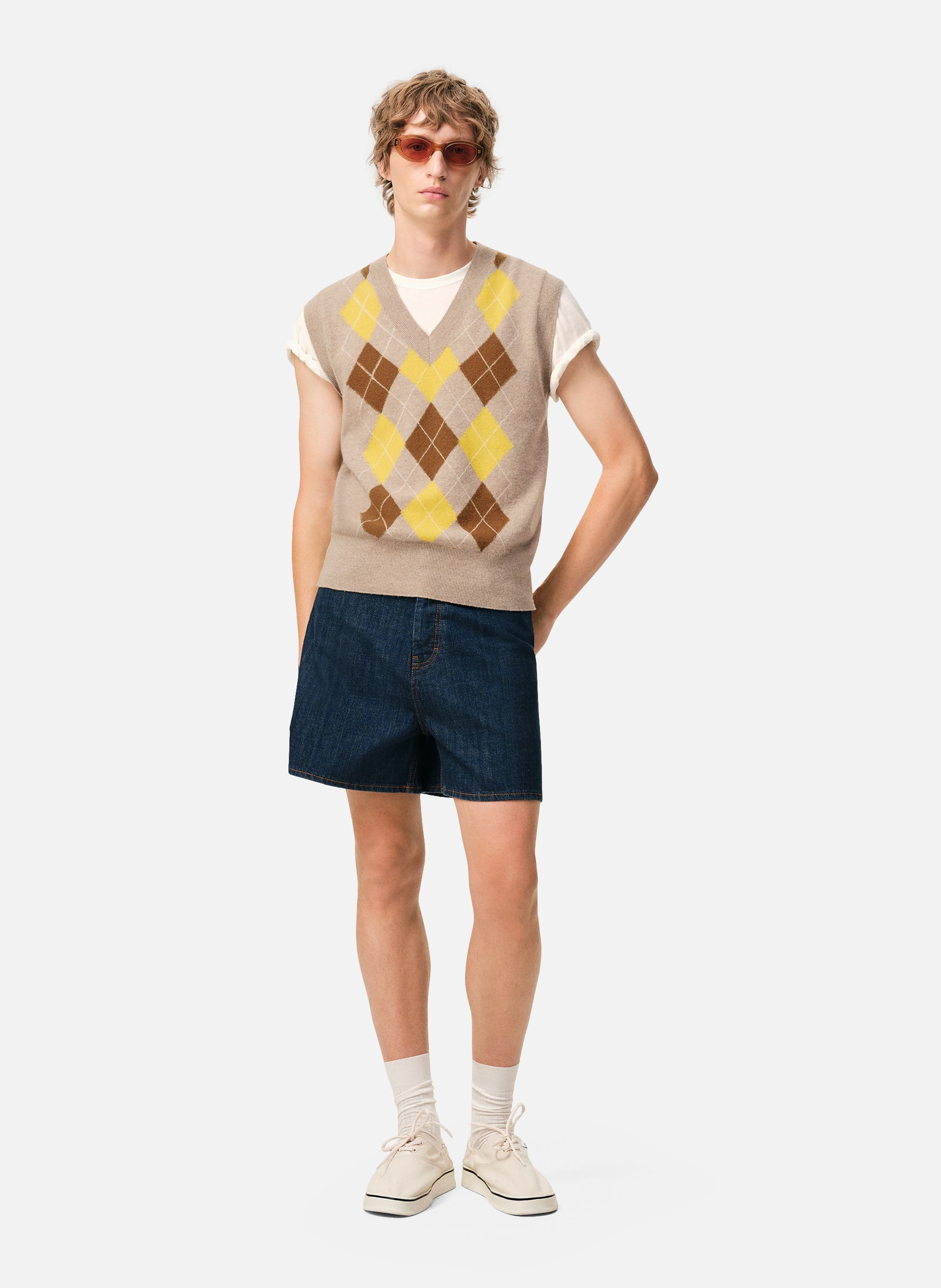 Pull col v sans manches avec intarsia argyle en laine unisexe AMI PARIS Multicolore