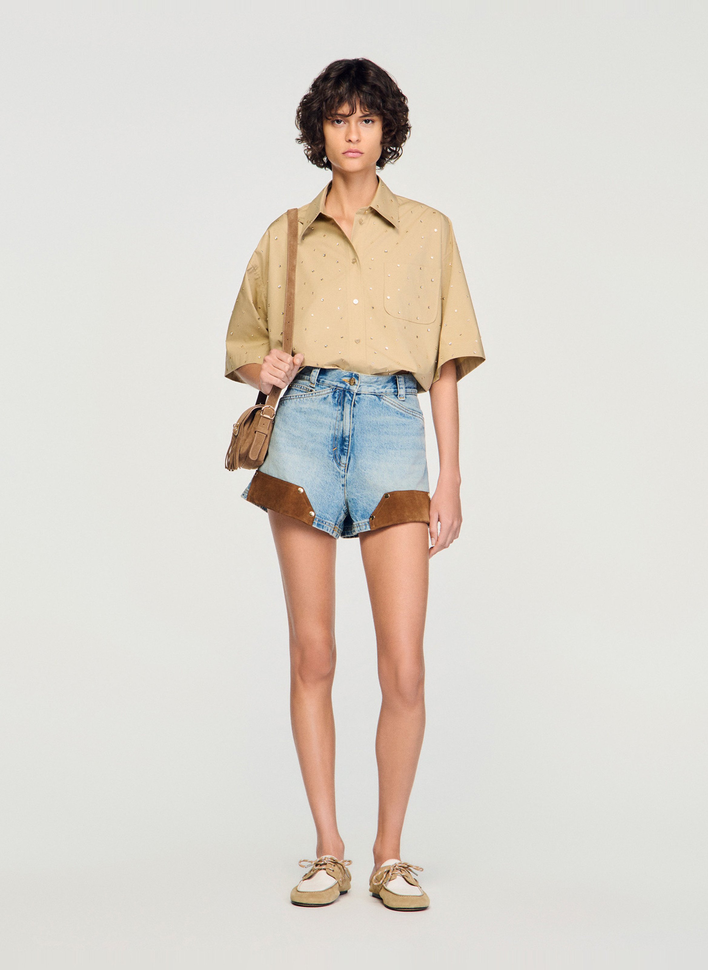 Chemise ample courte à strass SANDRO Beige