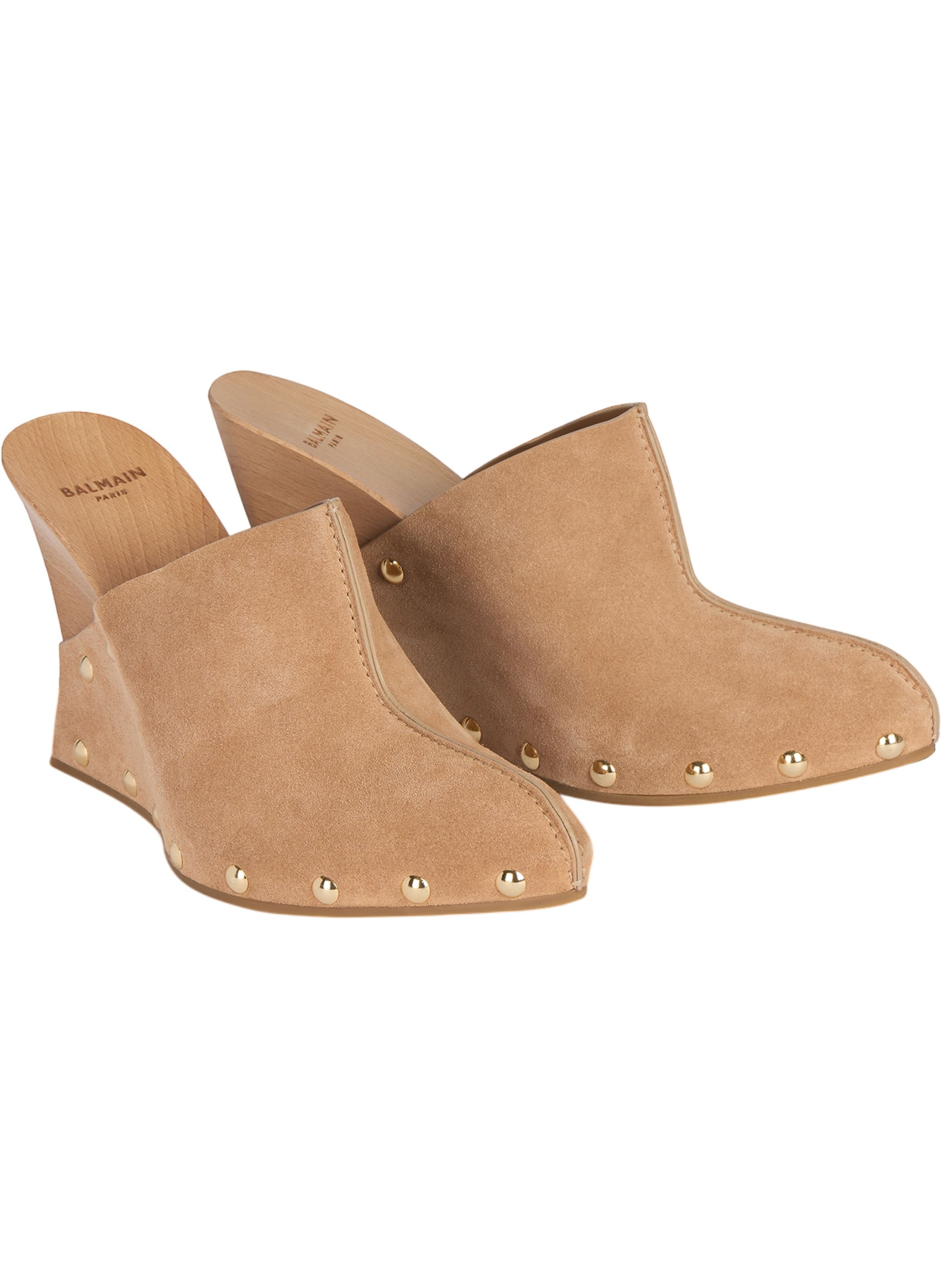 Sabots wedge en bois et cuir suédé BALMAIN Beige