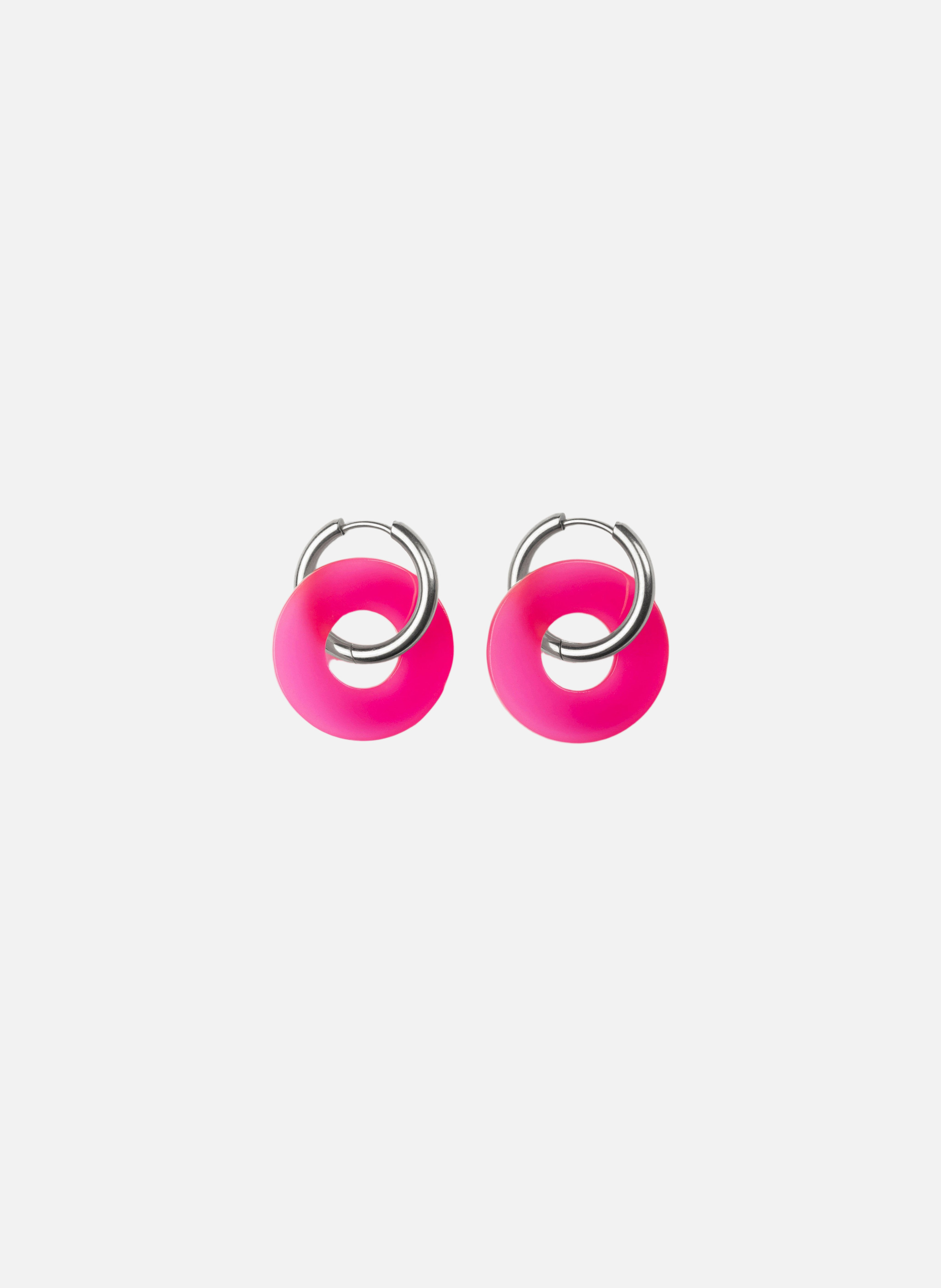 Boucles d'oreilles donuts avec anneaux en acier inoxydable argenté  Fuchsia