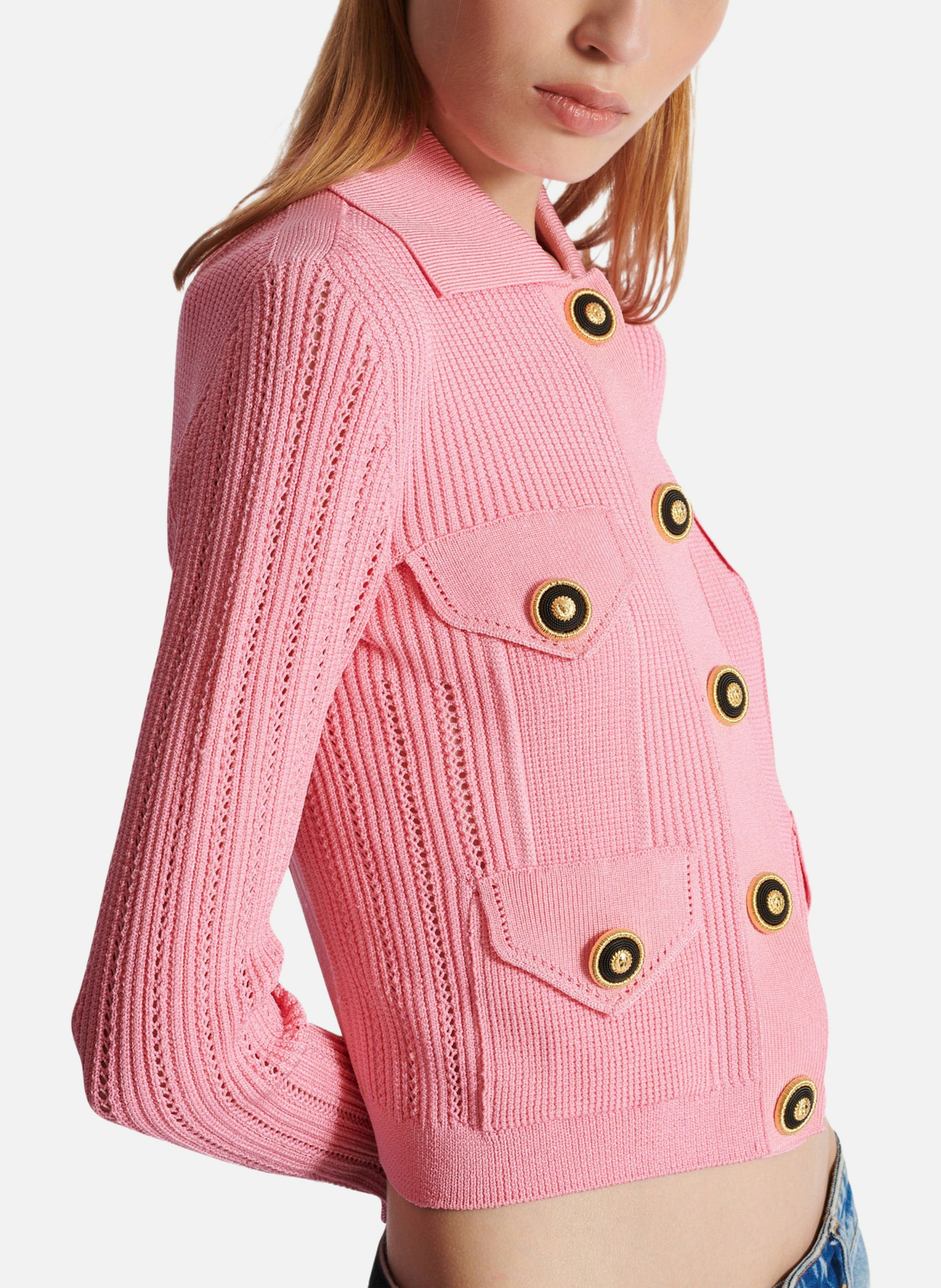 Cardigan court en maille côtelée et ajourée BALMAIN Rose
