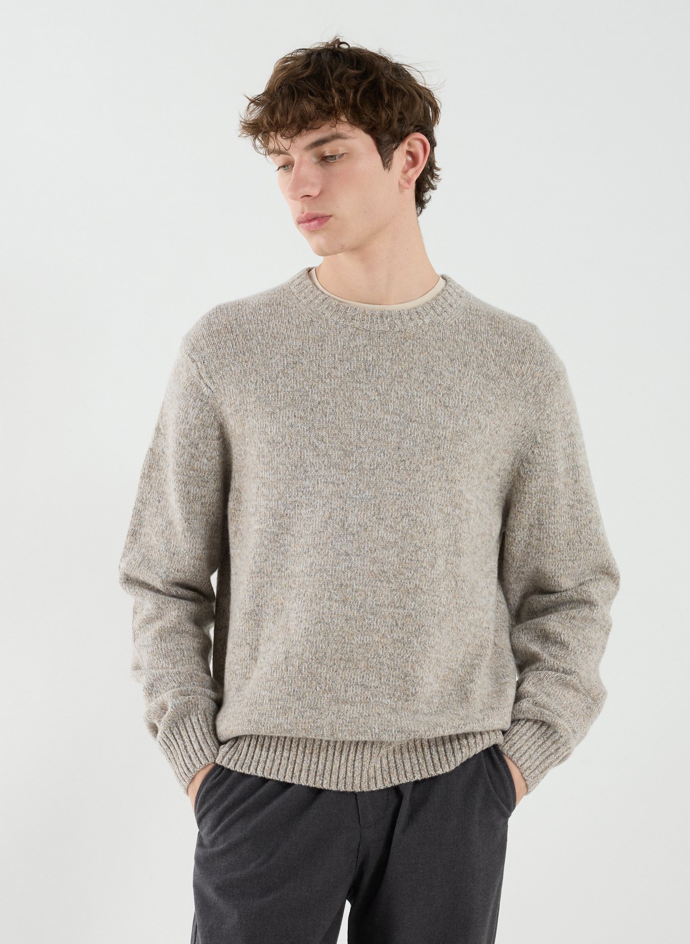 Pull côtelé à col rond en laine mérinos DOCKERS Beige