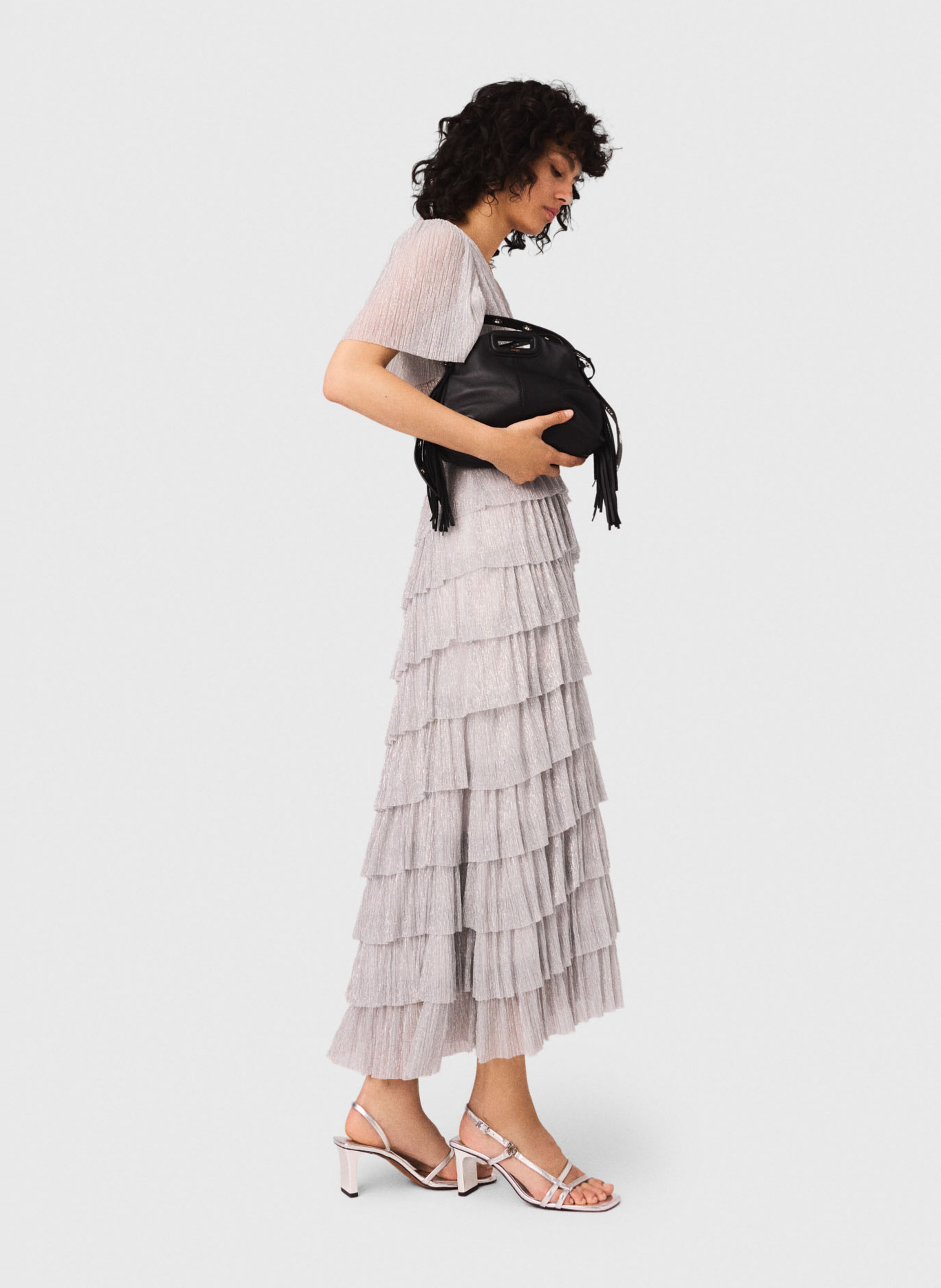 Robe midi à volants métallisée MAJE Argent