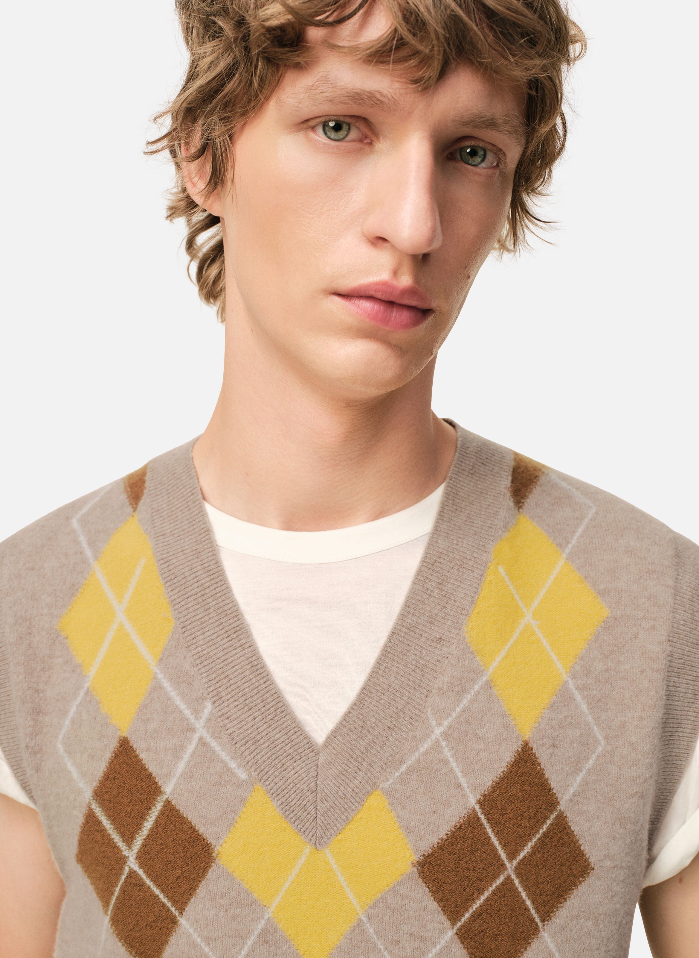 Pull col v sans manches avec intarsia argyle en laine unisexe AMI PARIS Multicolore