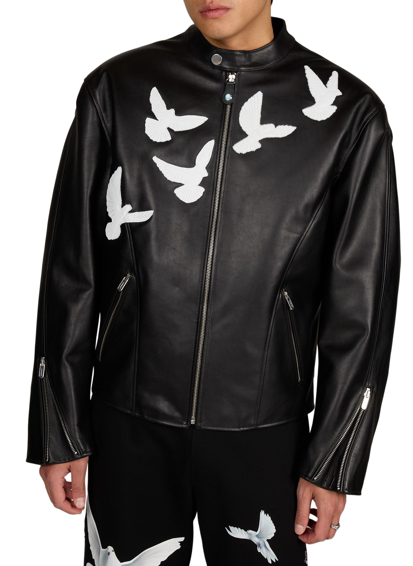 Veste à col montant oiseaux en cuir  3 PARADIS Noir