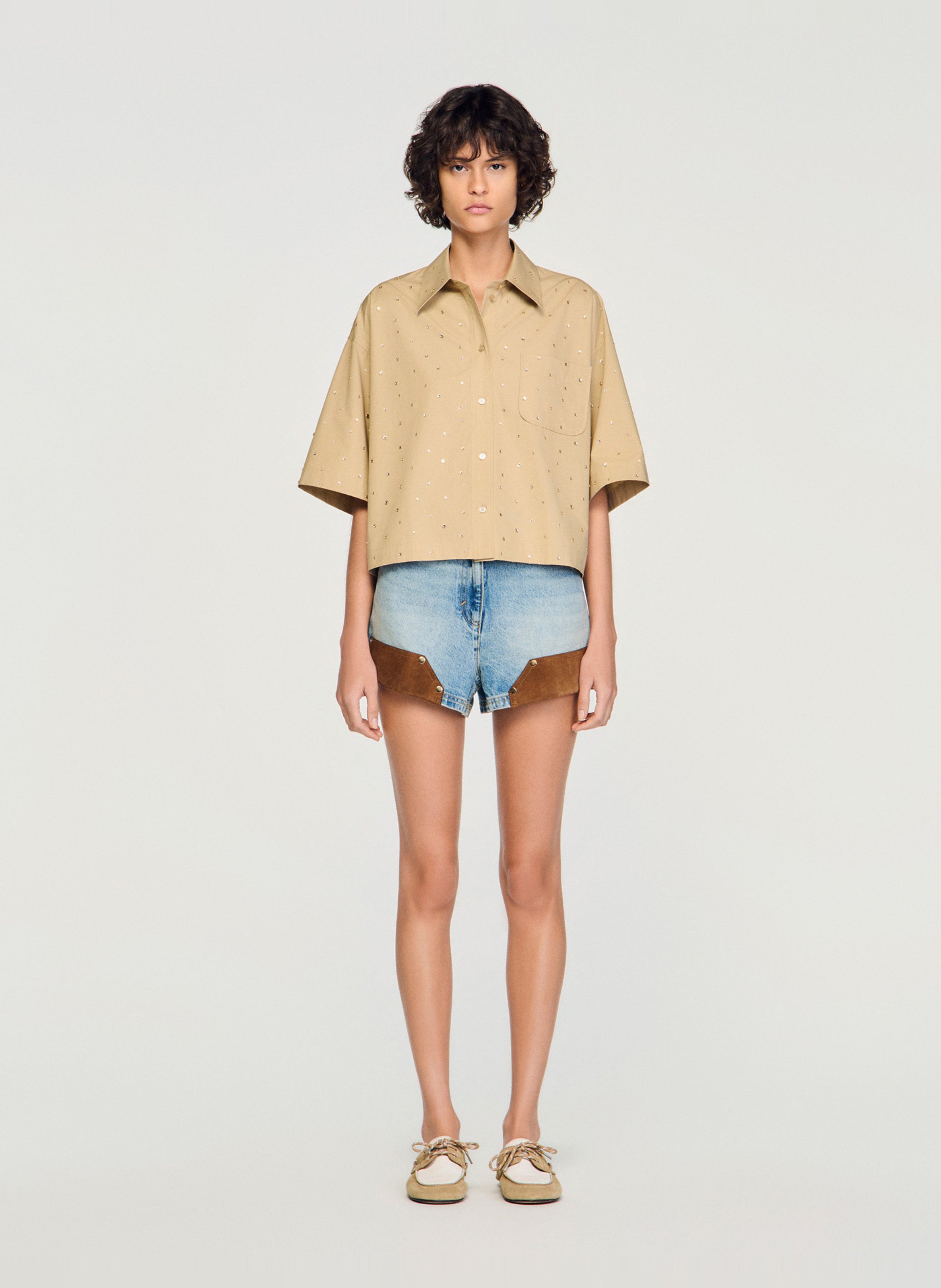 Chemise ample courte à strass SANDRO Beige