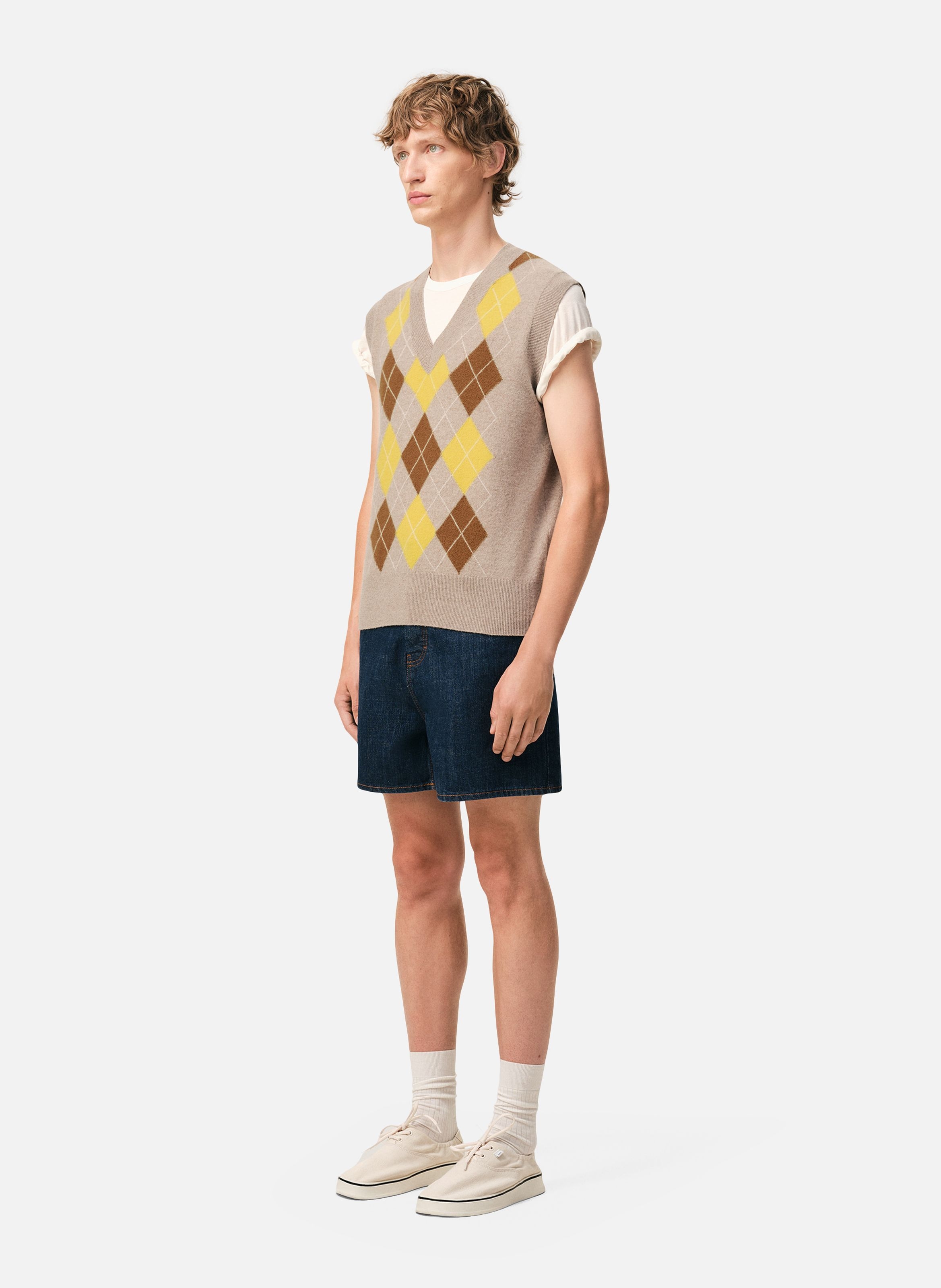Pull col v sans manches avec intarsia argyle en laine unisexe AMI PARIS Multicolore