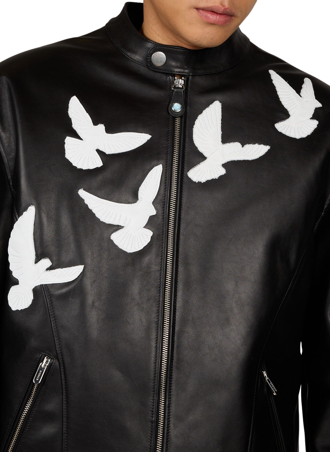 Veste à col montant oiseaux en cuir  3 PARADIS Noir