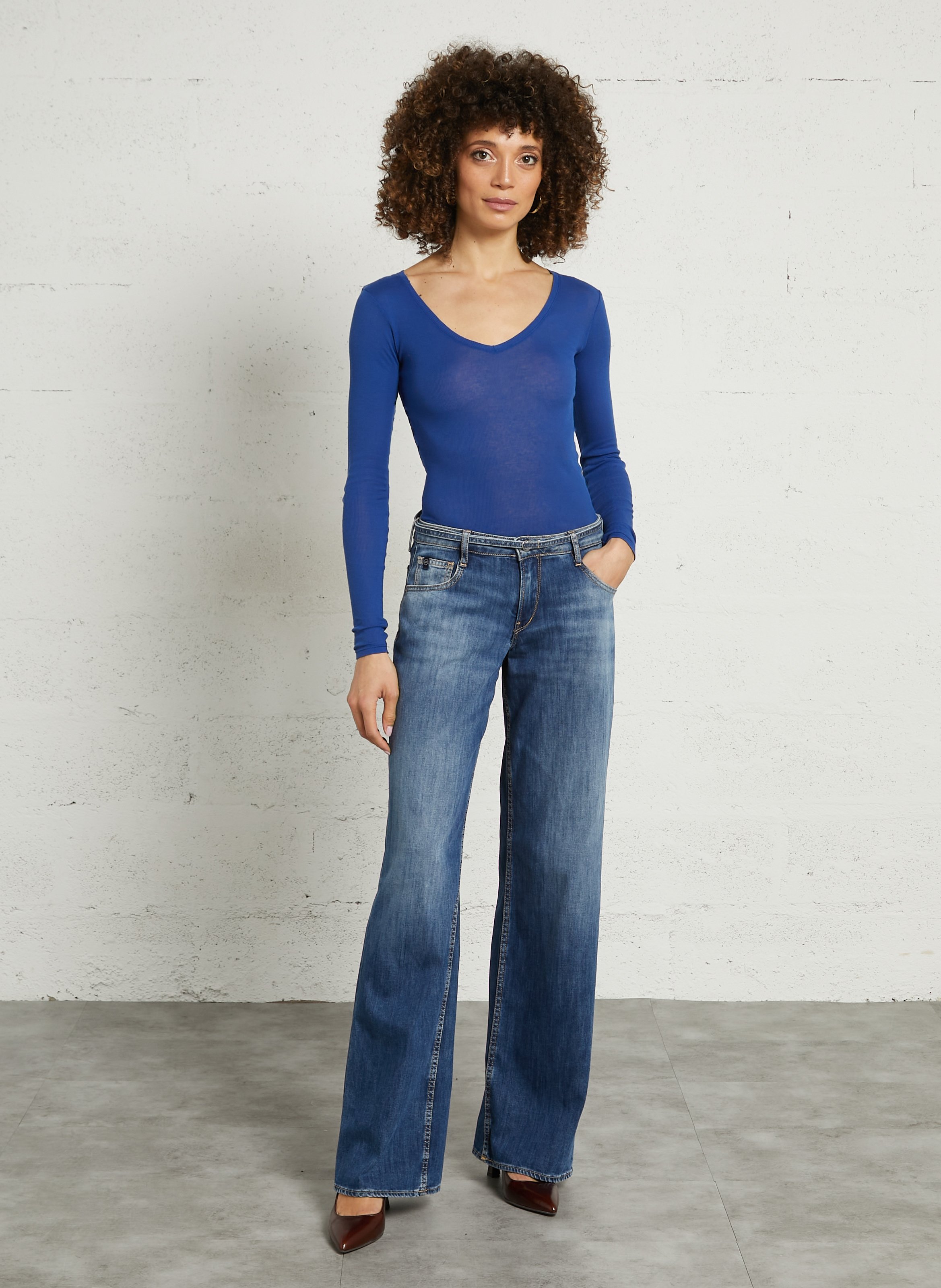 Tee-shirt col v ajusté en coton massachusetts AMERICAN VINTAGE Bleu