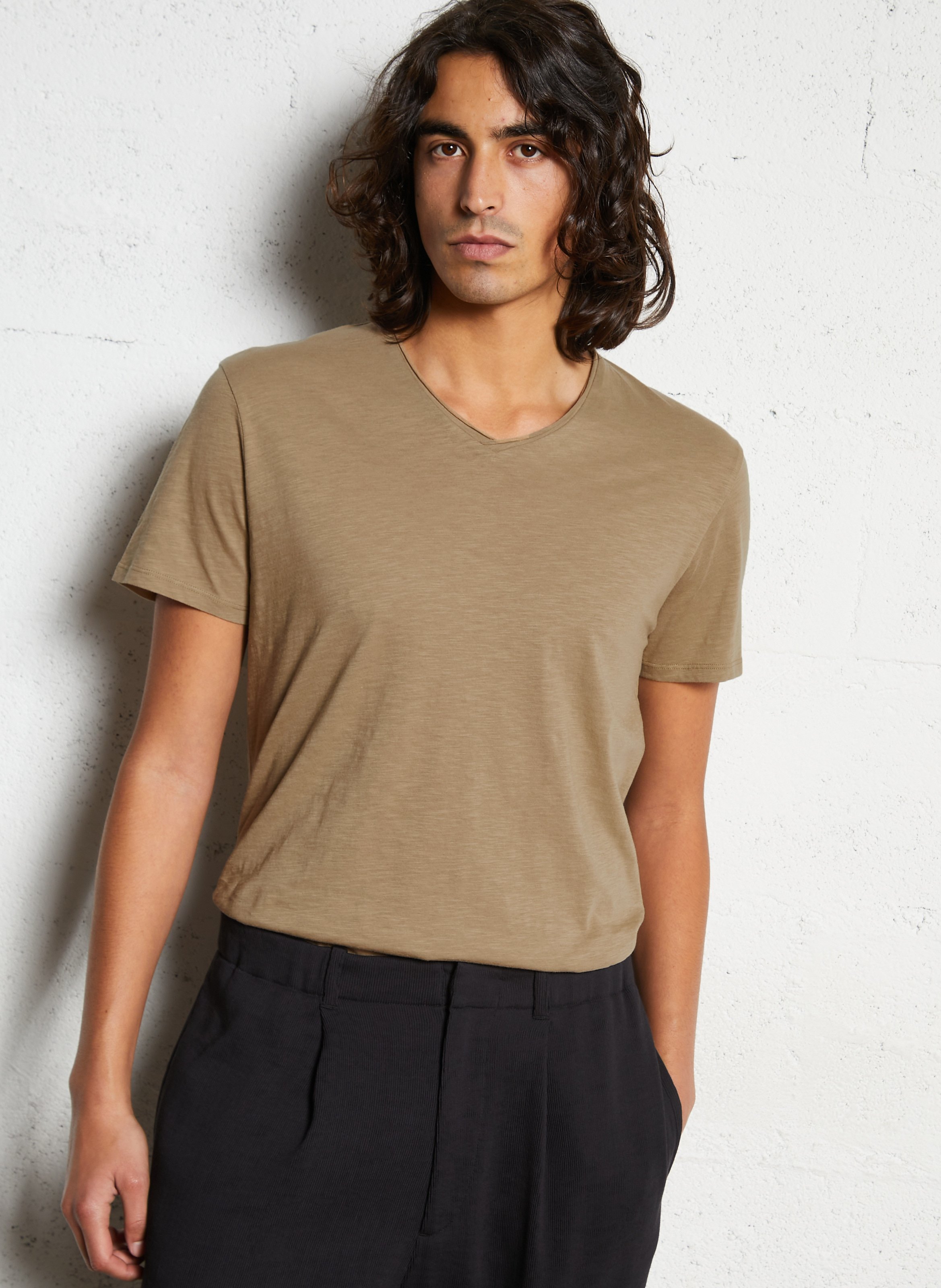 Tee-shirt droit col v en coton IKKS Beige