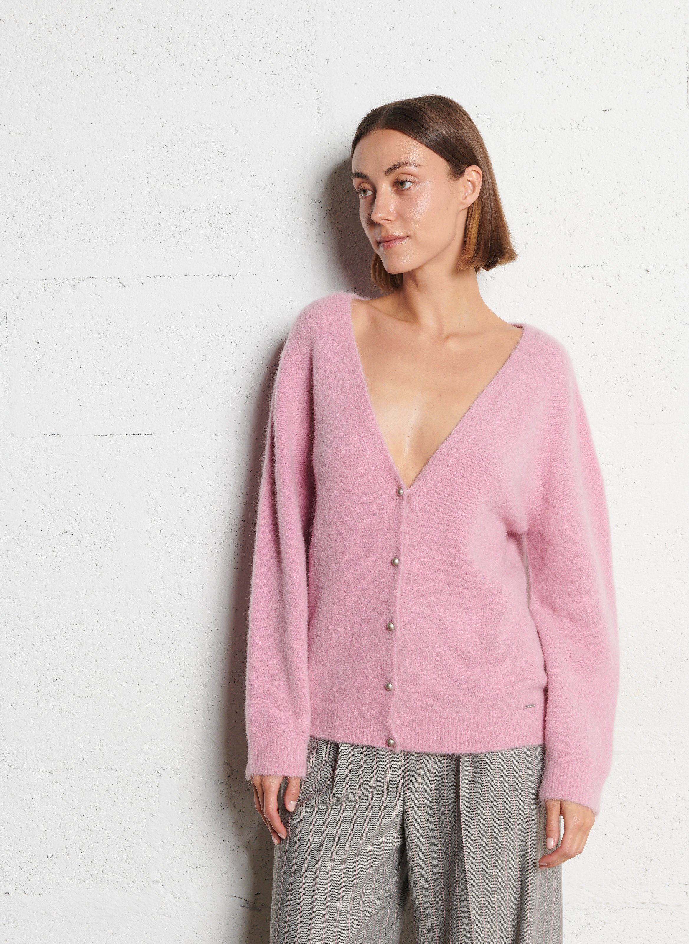 Gilet devant dos col v en laine mélangée IKKS Rose