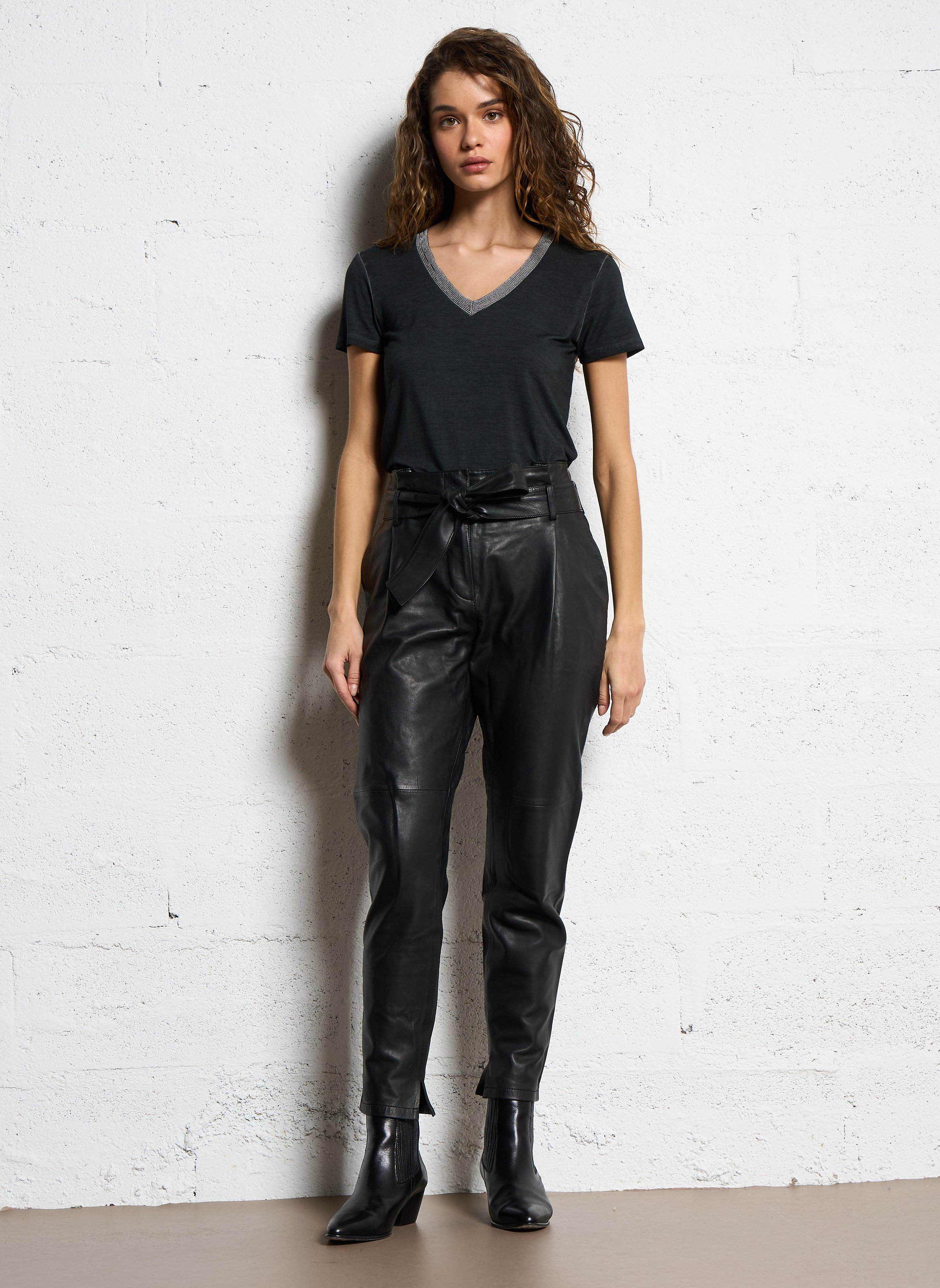 Tee-shirt col v chainettes bijoux IKKS Noir