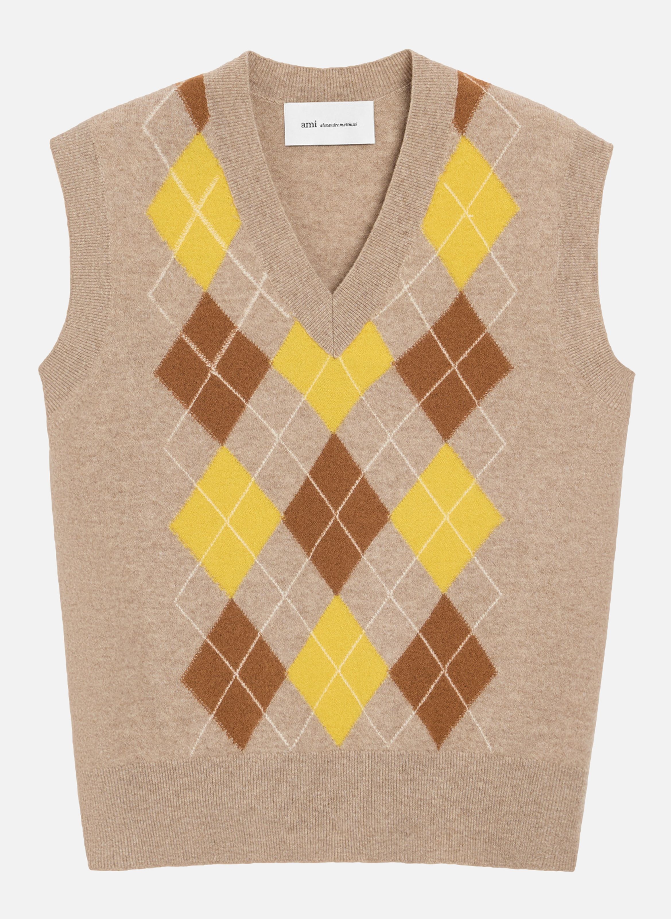 Pull col v sans manches avec intarsia argyle en laine unisexe AMI PARIS Multicolore