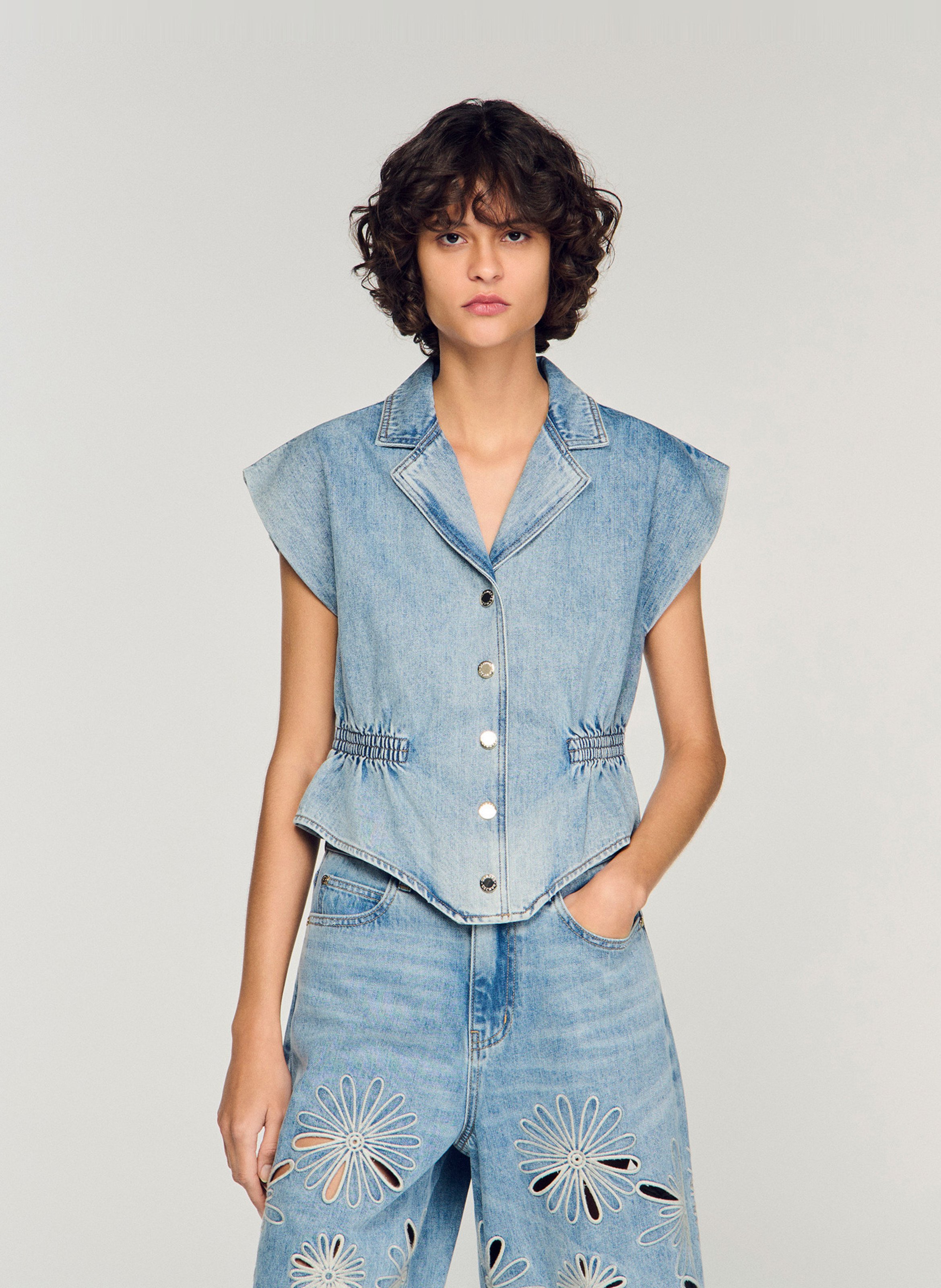 Top col tailleur en denim SANDRO Bleu