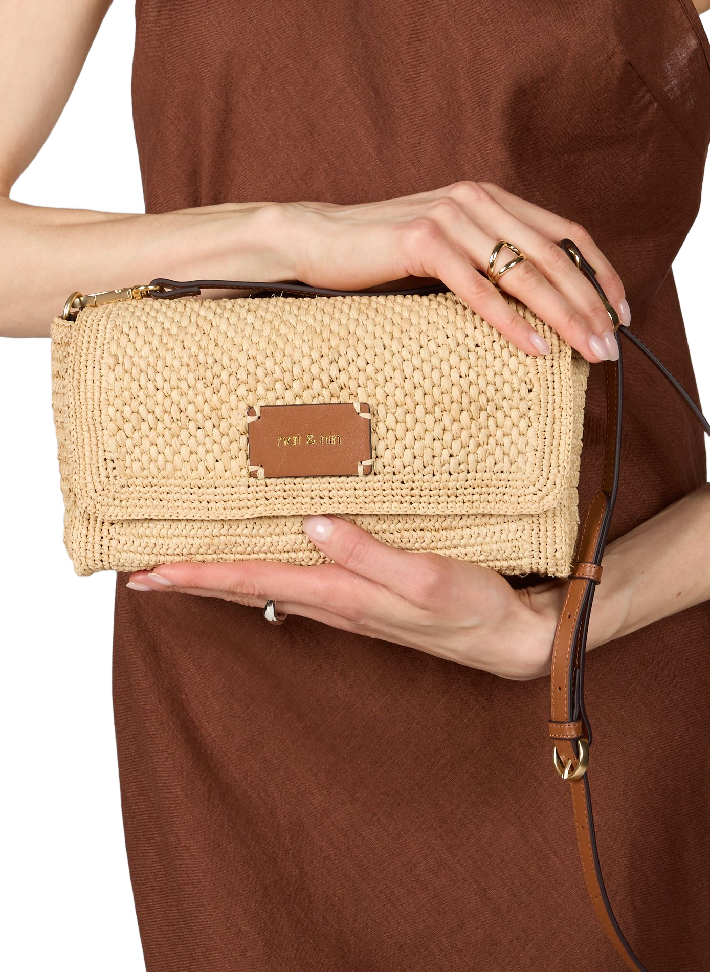 Raffia and leather shoulder bag NAT & NIN Brown