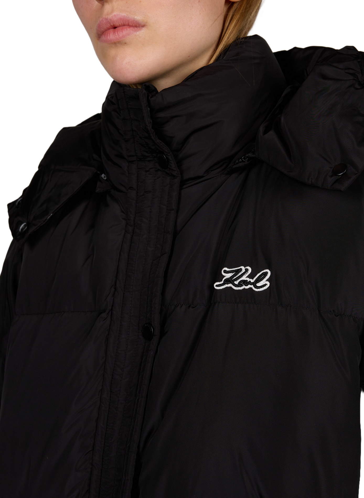 Gerade geschnittene Daunenjacke mit Stehkragen und Kapuze KARL LAGERFELD Schwarz