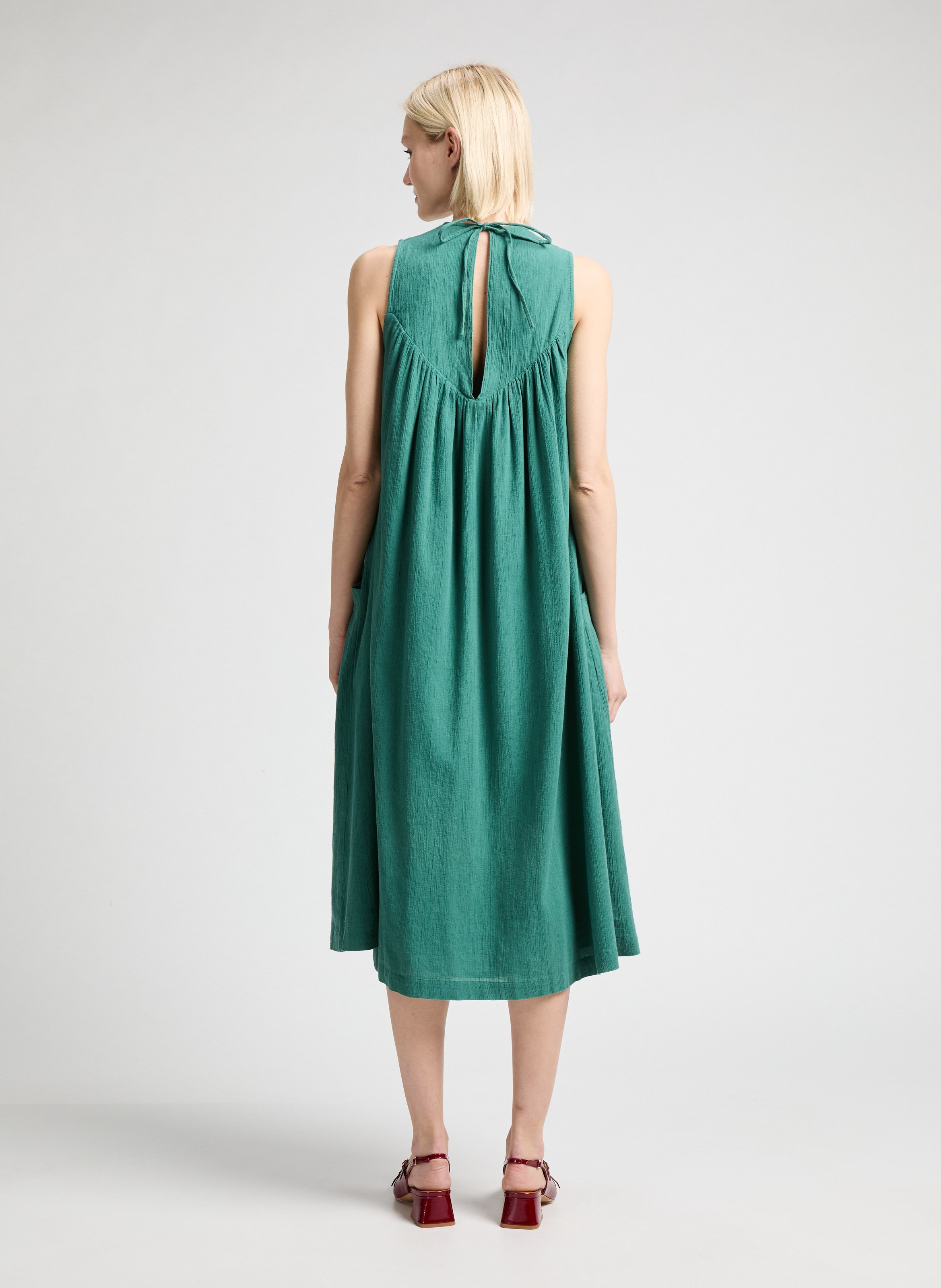 Belted cotton Mini dress with puffed sleeve  LEON & HARPER Green
