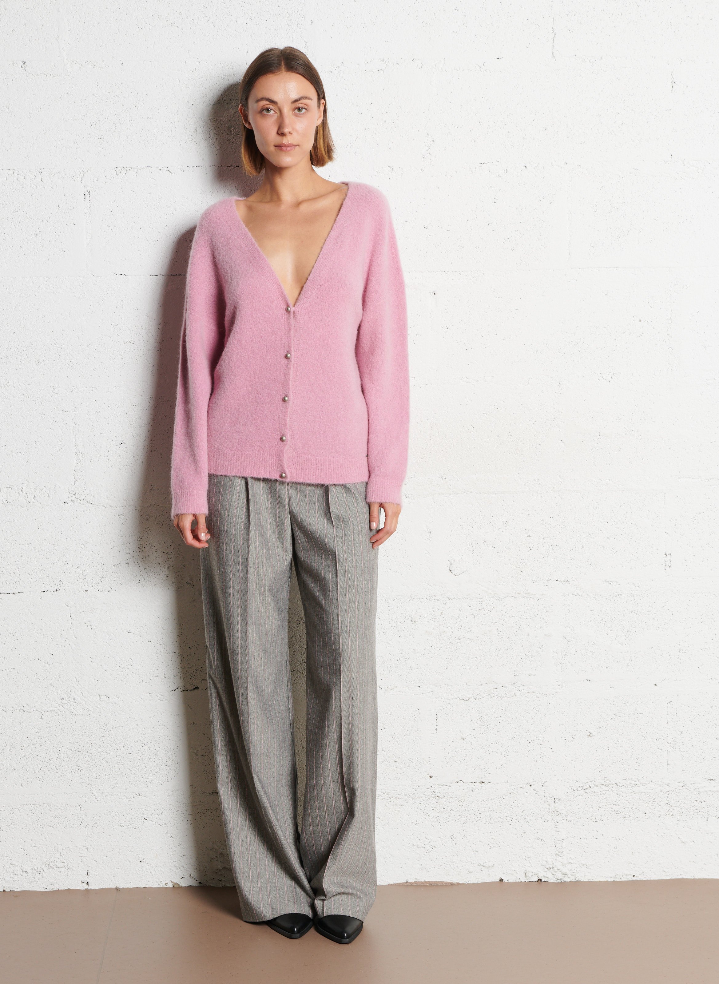 Gilet devant dos col v en laine mélangée IKKS Rose