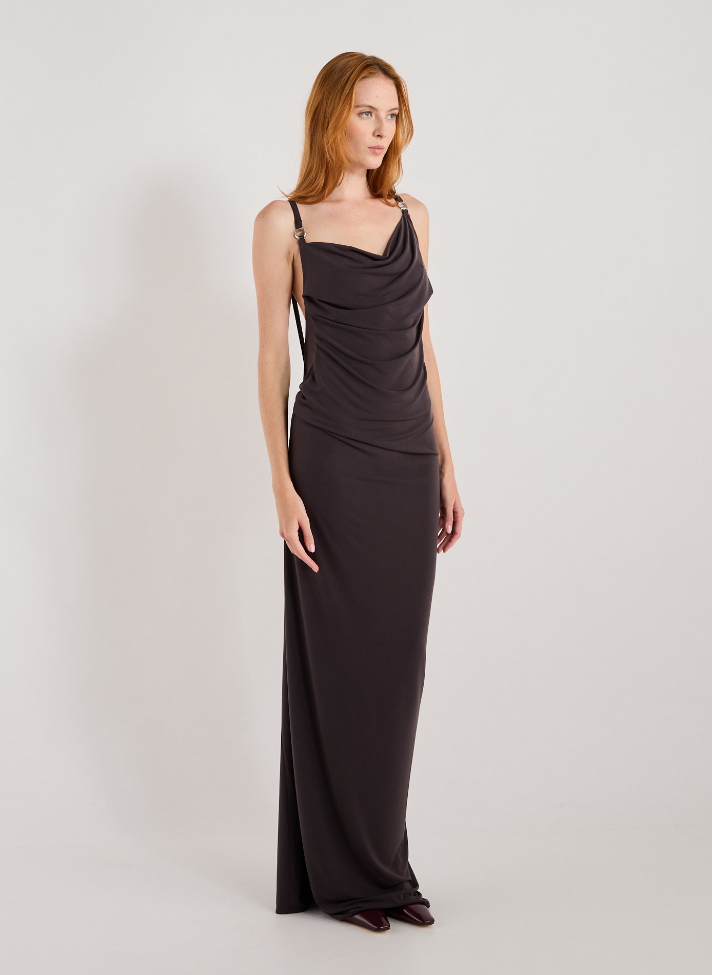 COPERNI Robe longue bénitier drapée C-Logo Marron