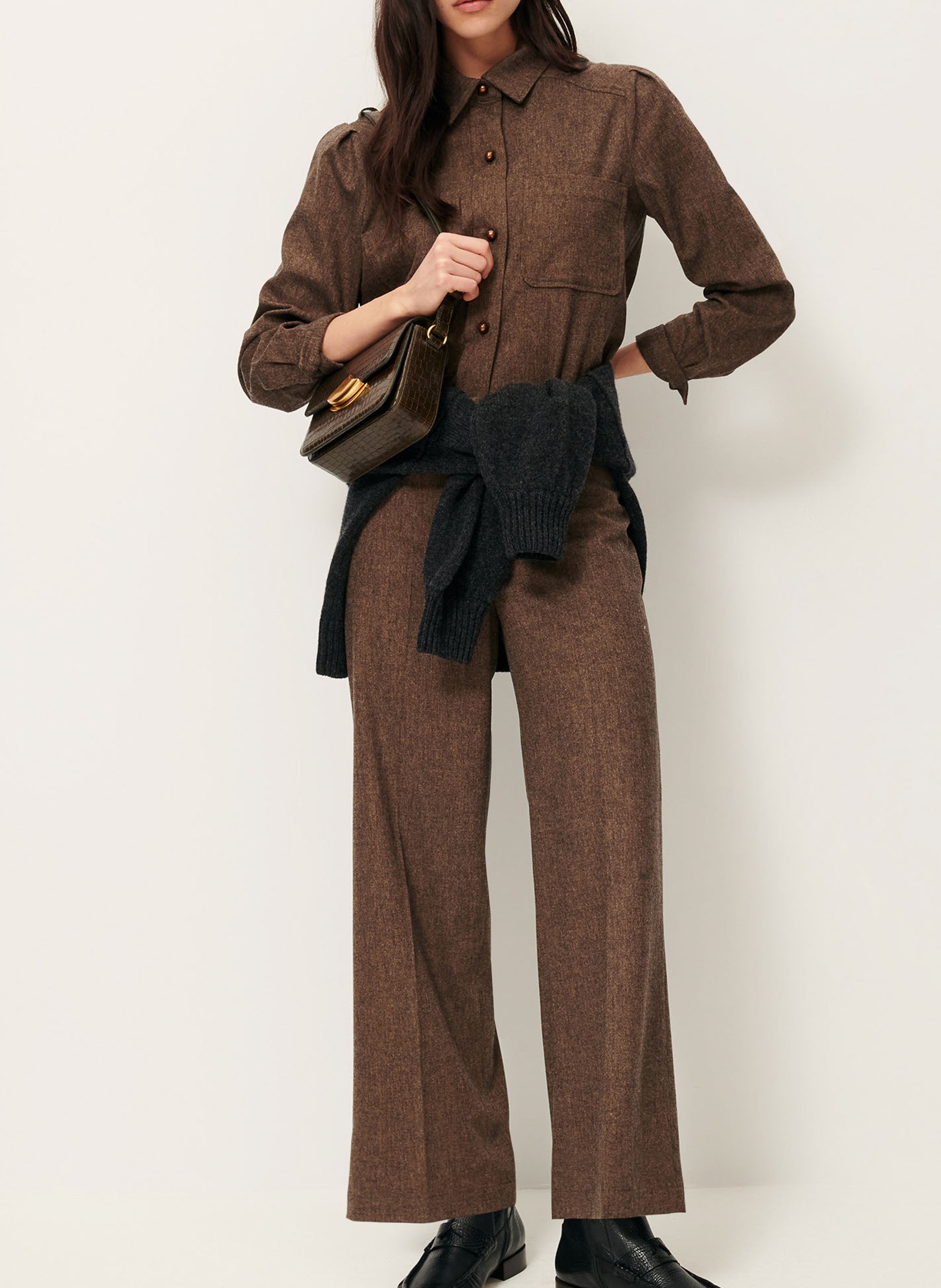 Chemise courte unie à poches plaquées theowool SESSUN Marron