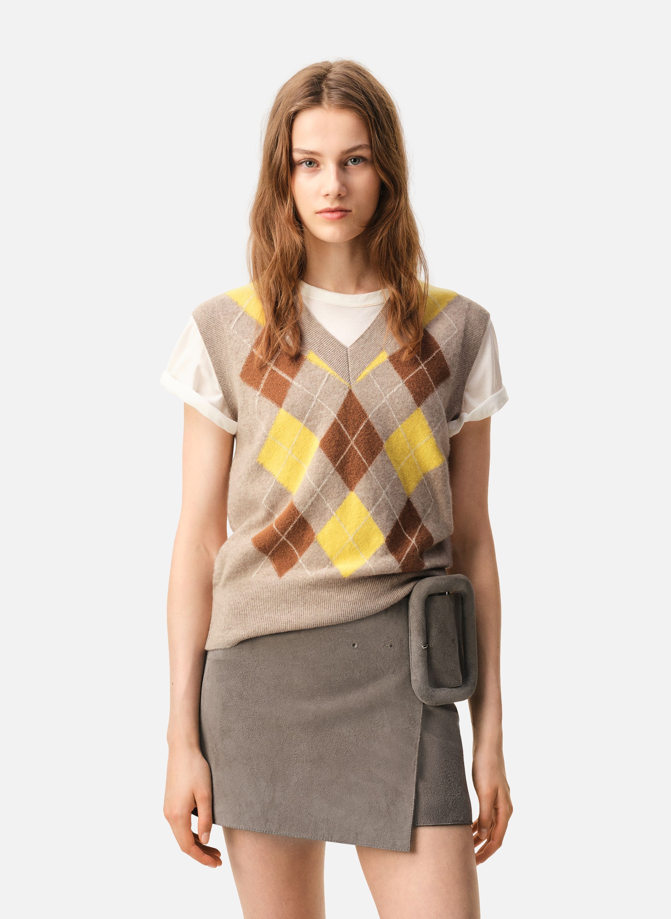 Pull col v sans manches avec intarsia argyle en laine unisexe AMI PARIS Multicolore