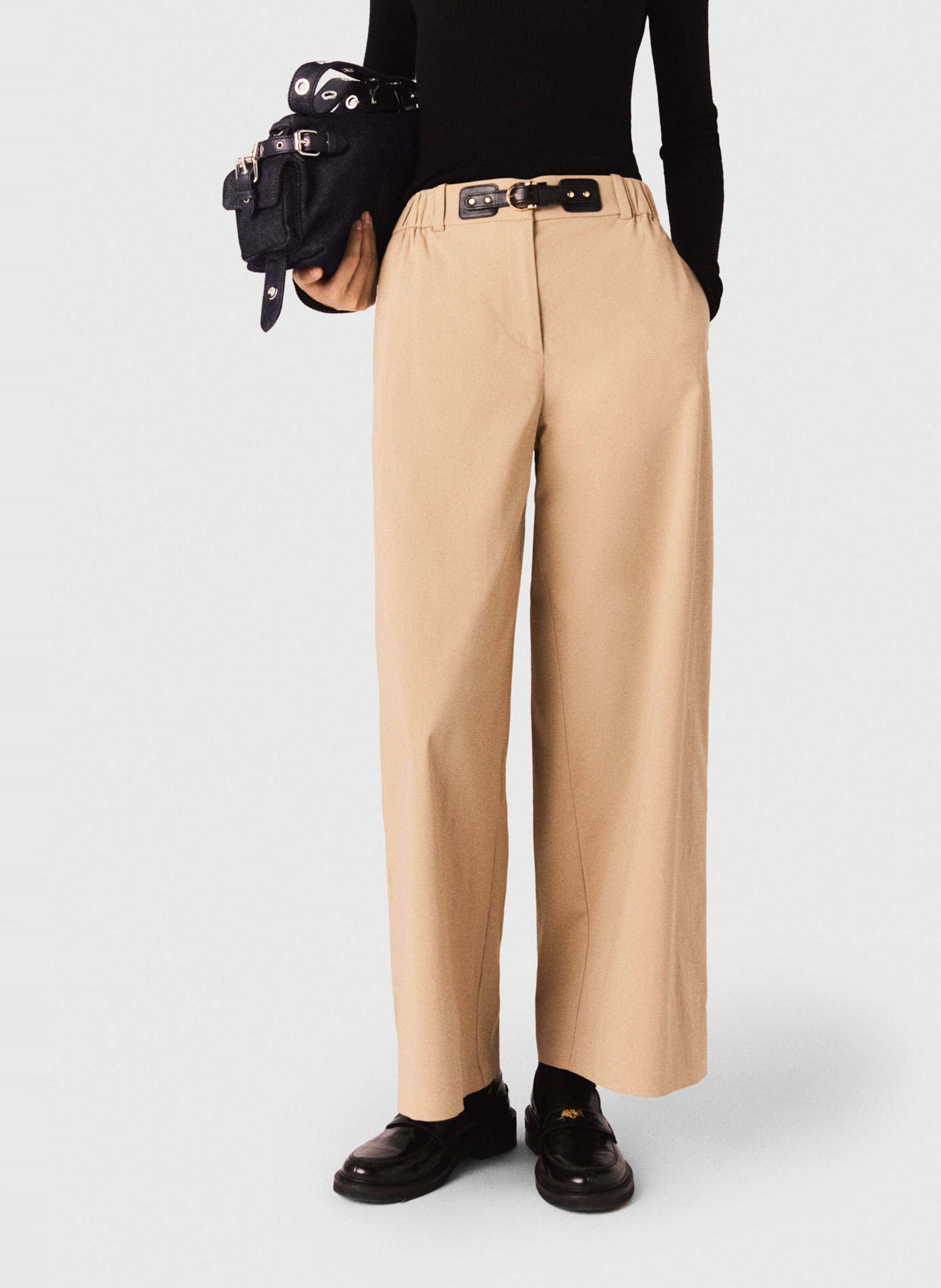 MAJE Pantalon large en coton mélangé Beige