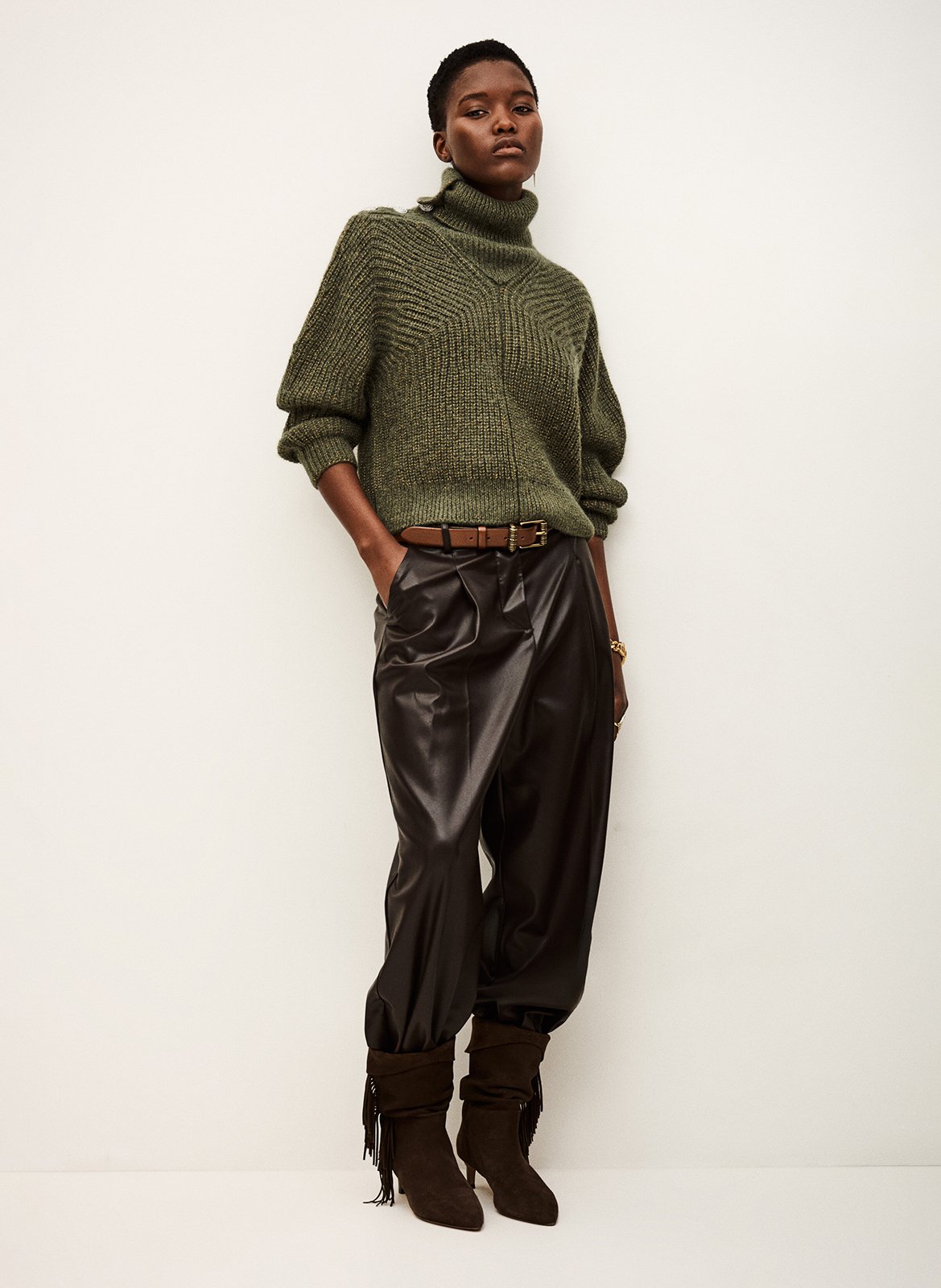 Pull col roulé en laine mélangée roumane Kaki