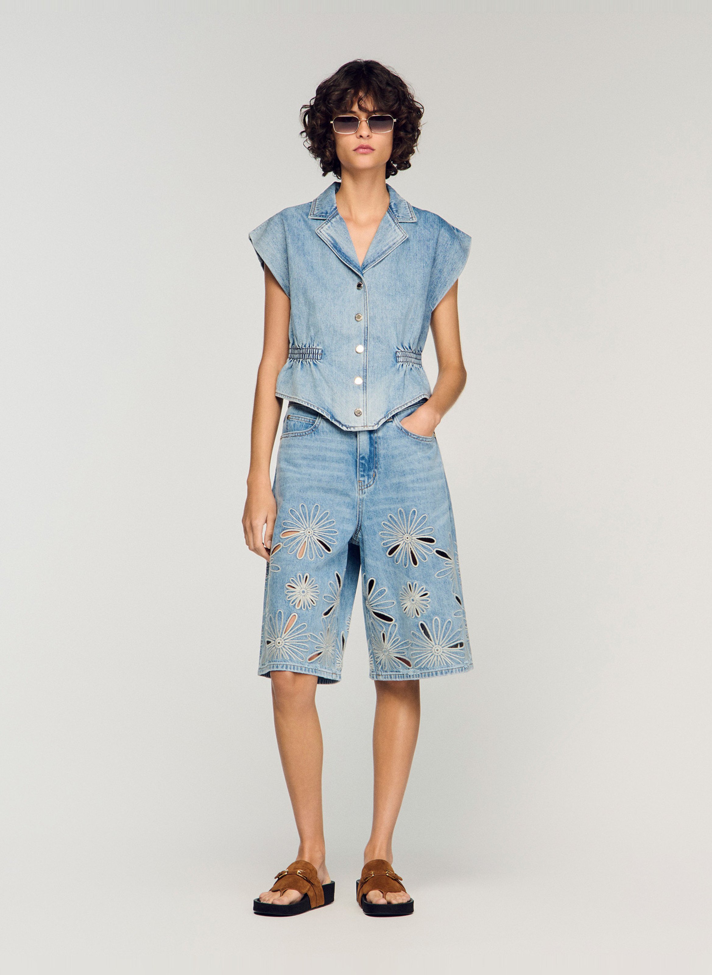 Top col tailleur en denim SANDRO Bleu