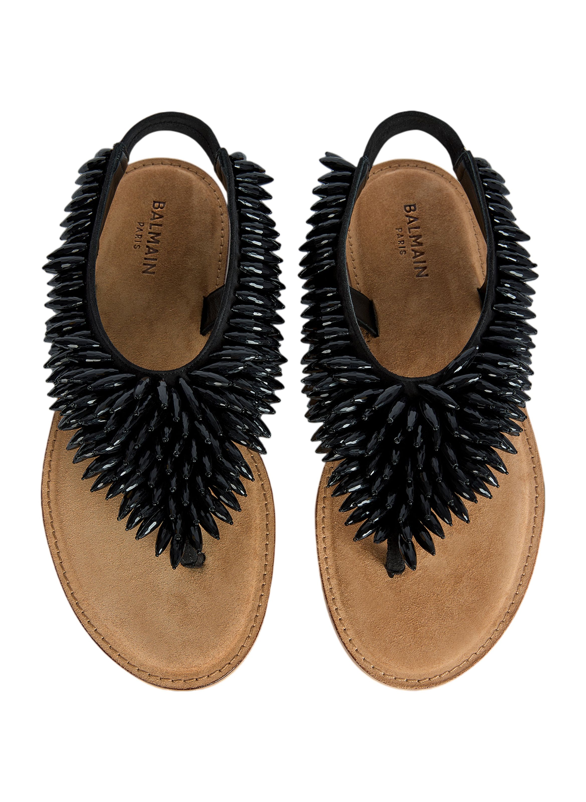 Sandales plates en cuir suédé et perles BALMAIN Noir