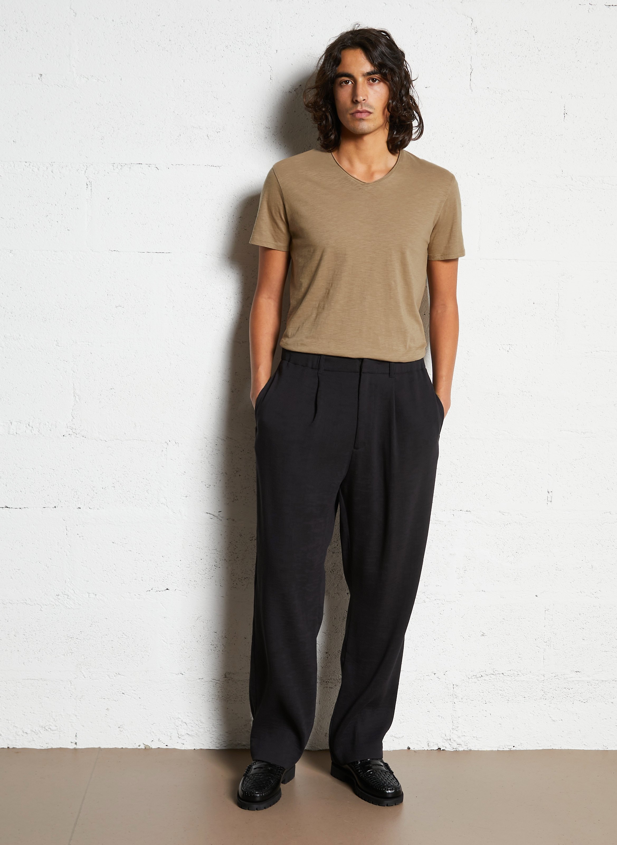 Tee-shirt droit col v en coton IKKS Beige